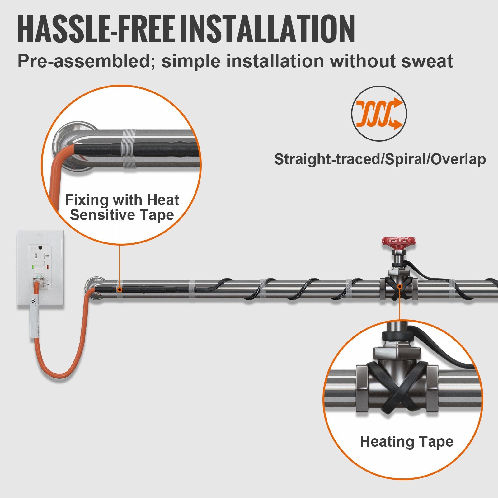 Pipe Heating Cable 24ft 5W/ ft Freeze Protection for PVC Metal Plastic Pipes