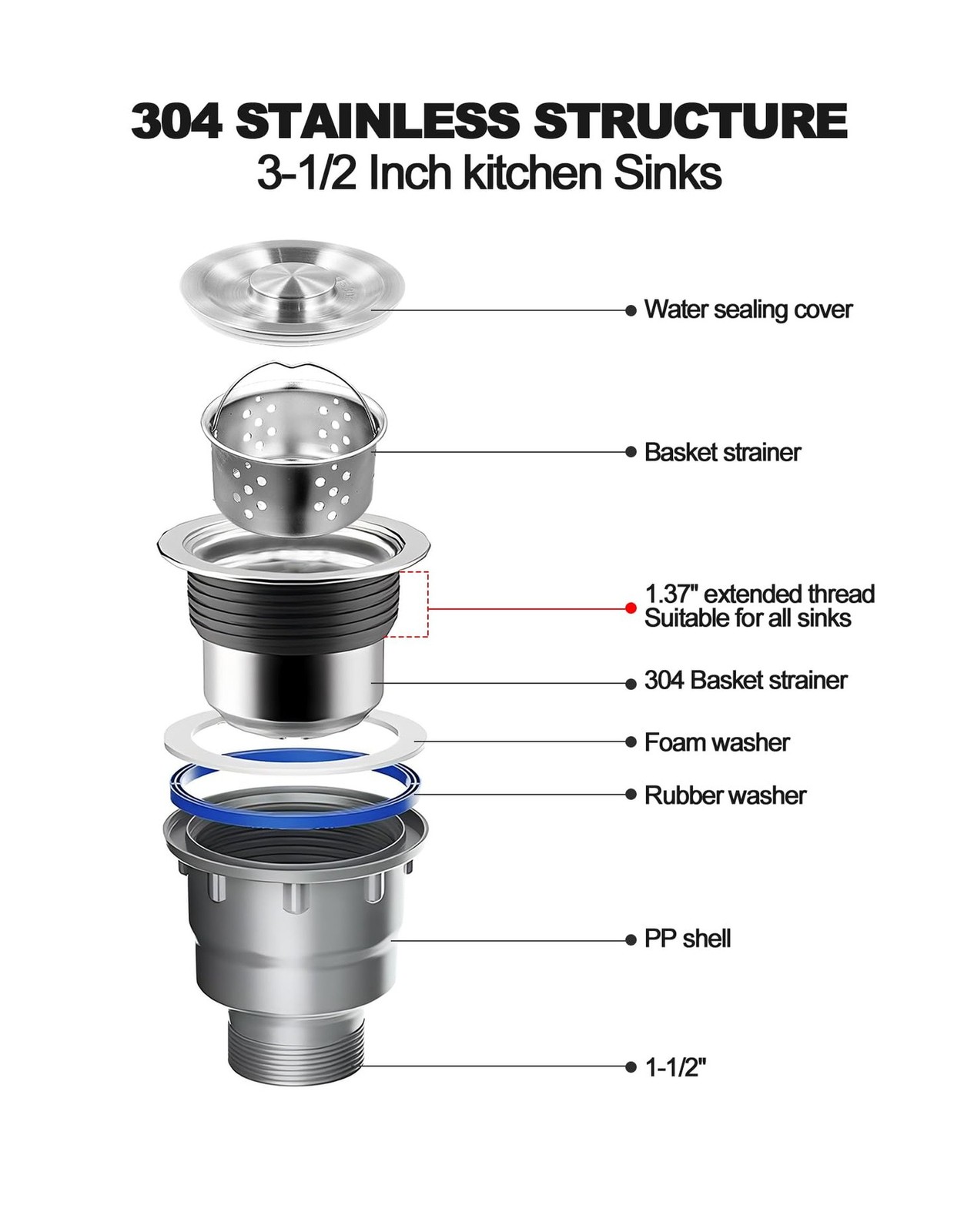 One Sink Kitchen Drainage Kit Space Saving Flexible Drain Pipe Flex… Fast Ship
