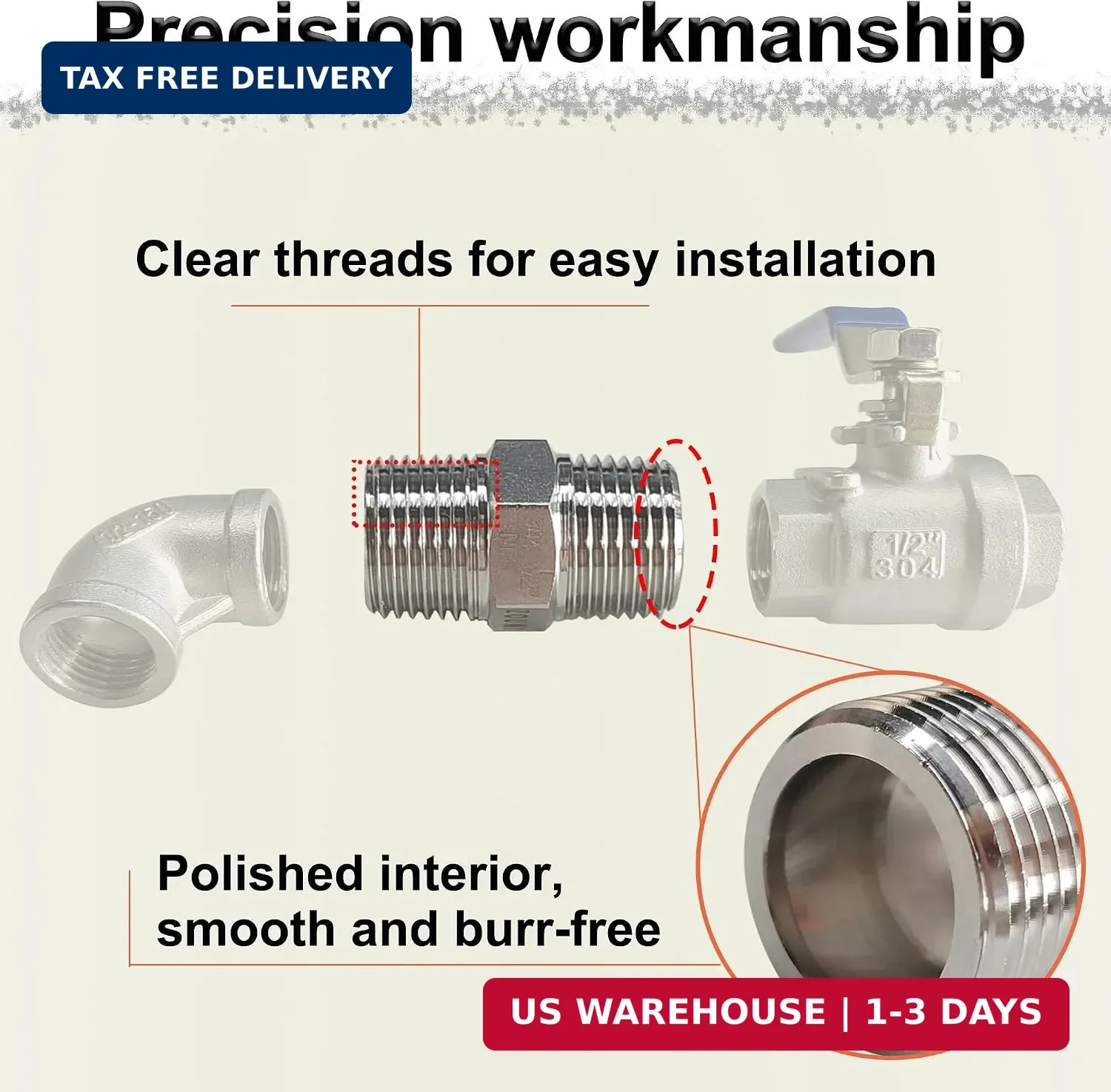 1/4″ NPT Male Hex Nipple Pipe Fittings, 304 Stainless Steel 1/4 inch Threaded Pi