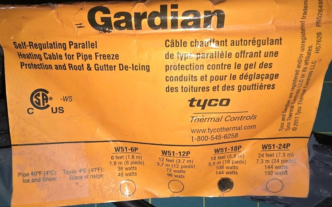 TYCO~ Raychem Gardian 18 ft Heating Cable W51-18P, 108-144 Watts, Freeze Protect