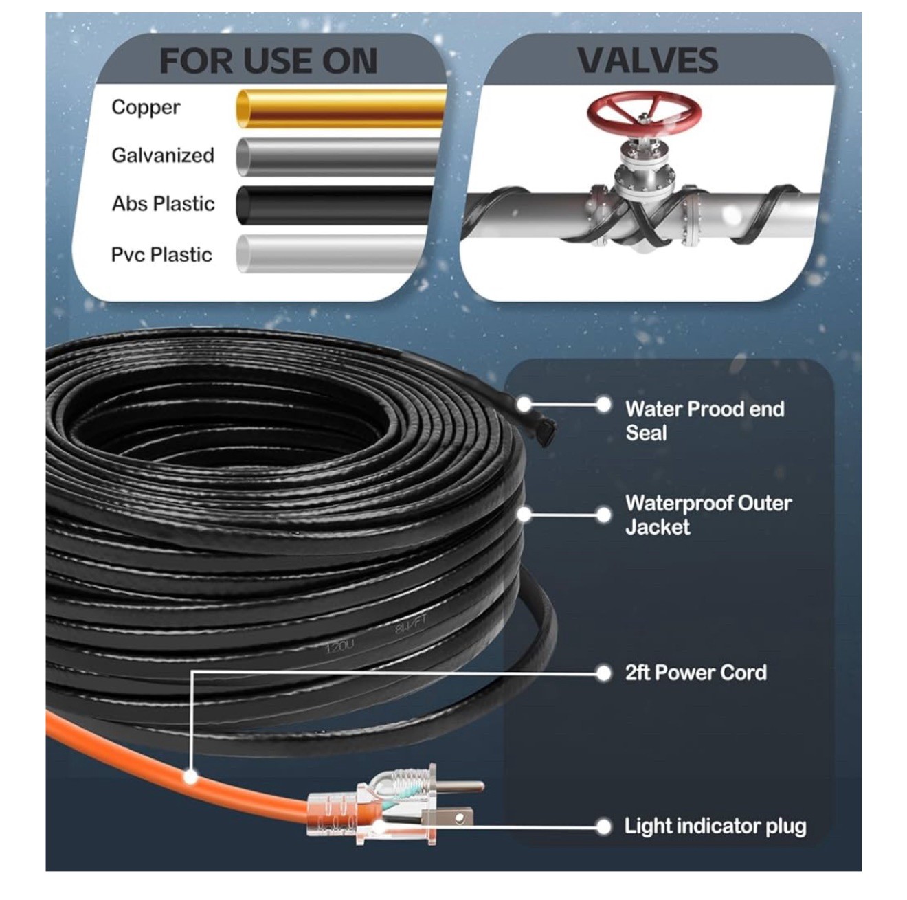 30FT（3FT-200FT） Pipe Heating Cable for Pipe Freeze Protection