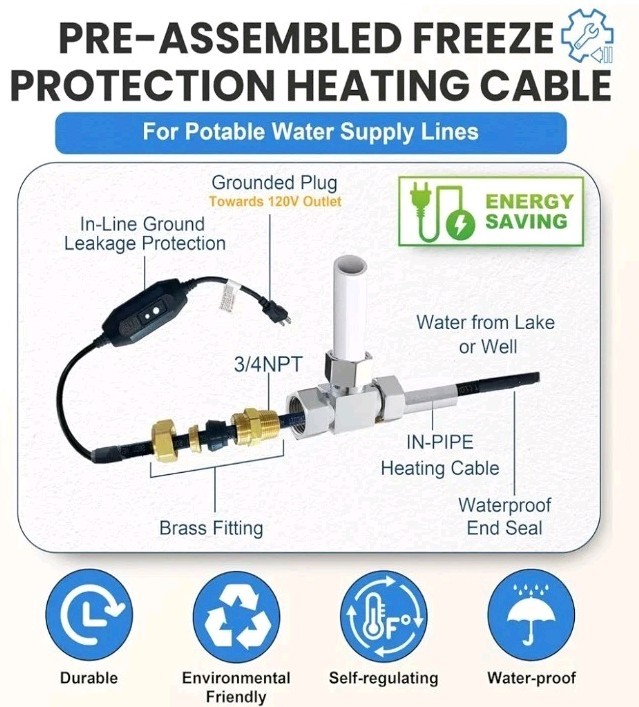 Self-Regulating Heat Cable for Freeze Protection in Pipes 50′