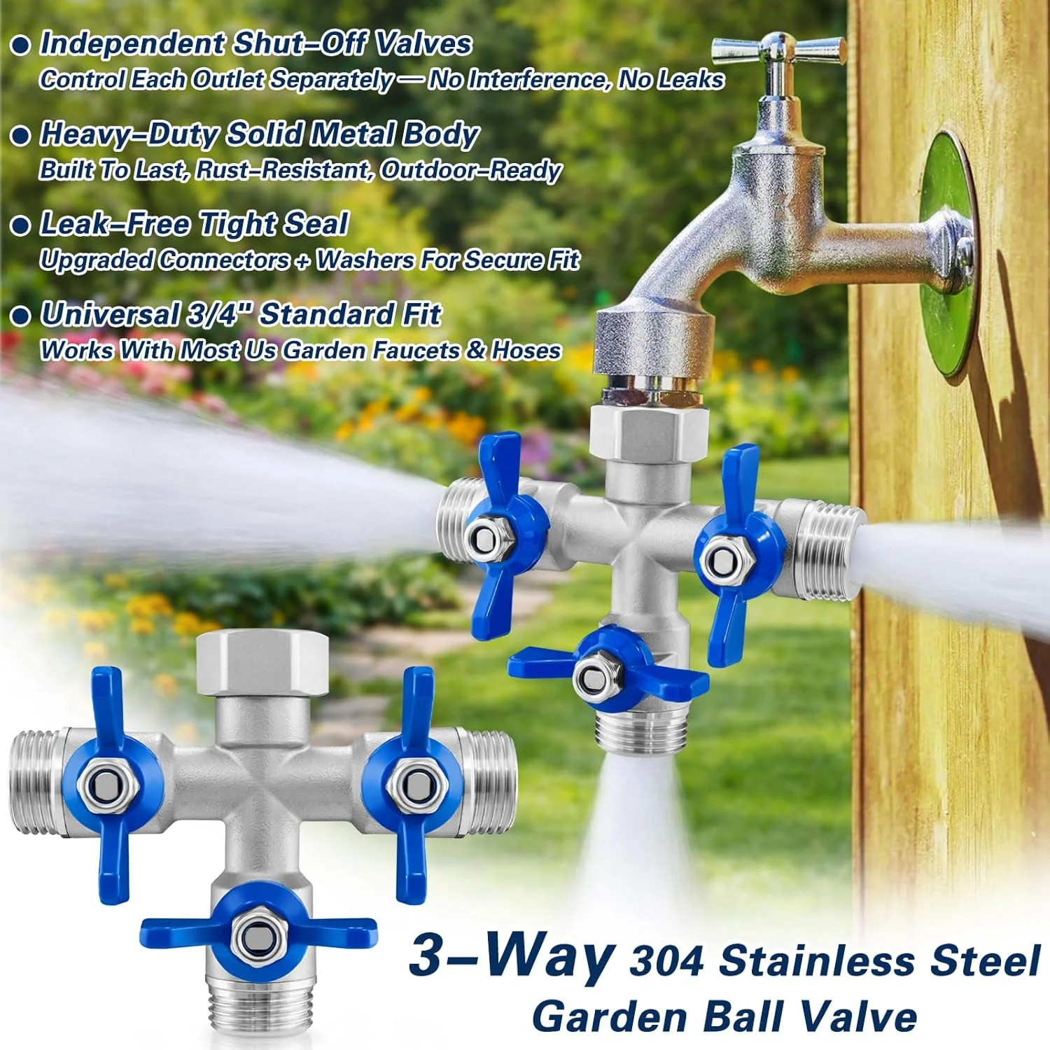 304 Stainless Steel 3 Way Garden Hose Splitter, Heavy Duty Hose Splitter with 3