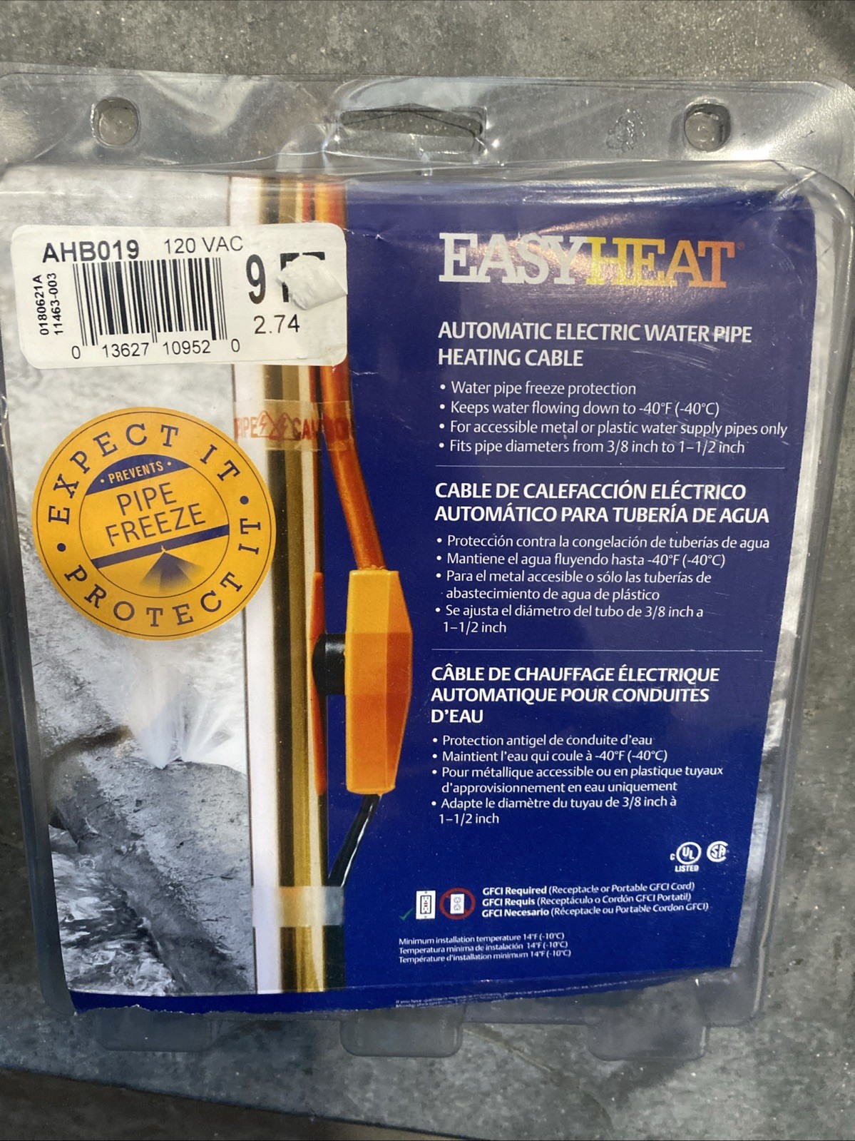 Easy Heat AHB019 ELECTRIC WATER PIPE HEATER CABLE 9 FEET