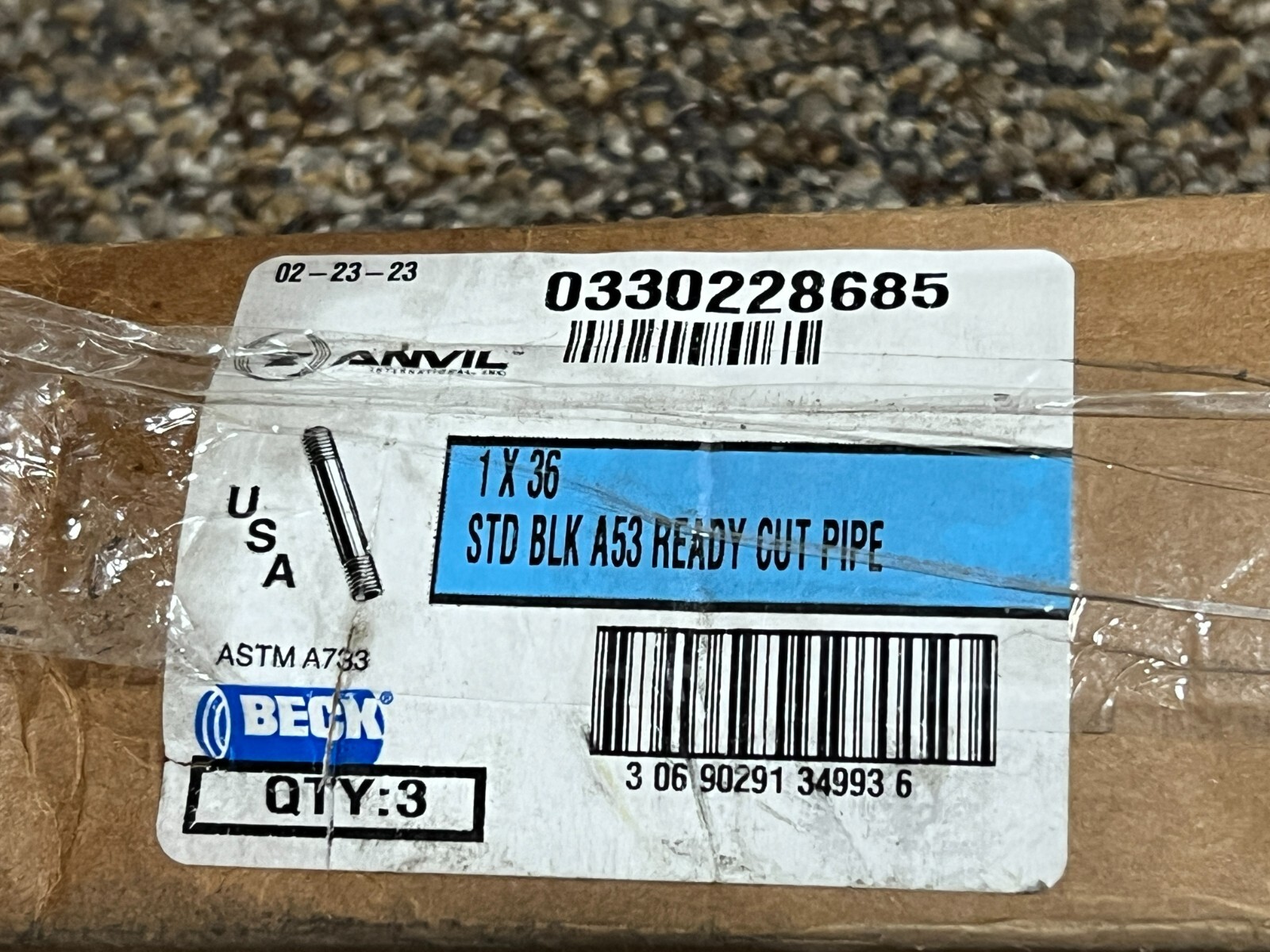 (BOX OF 3) Anvil 1 x 36 STD Blk A53 Ready Cut Pipe 0330228685 – FAST SHIPPING
