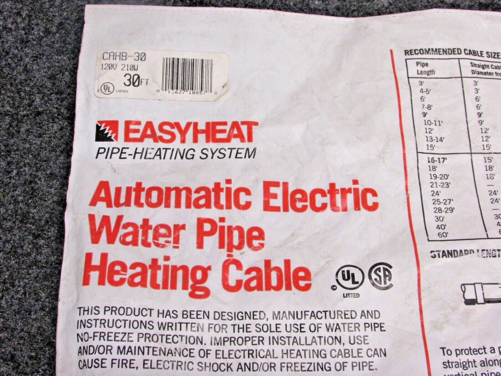 NOS! EASY HEAT PIPE HEATING SYSTEM CAHB-30, 30 ft. AUTOMATIC HEATING SYSTEM