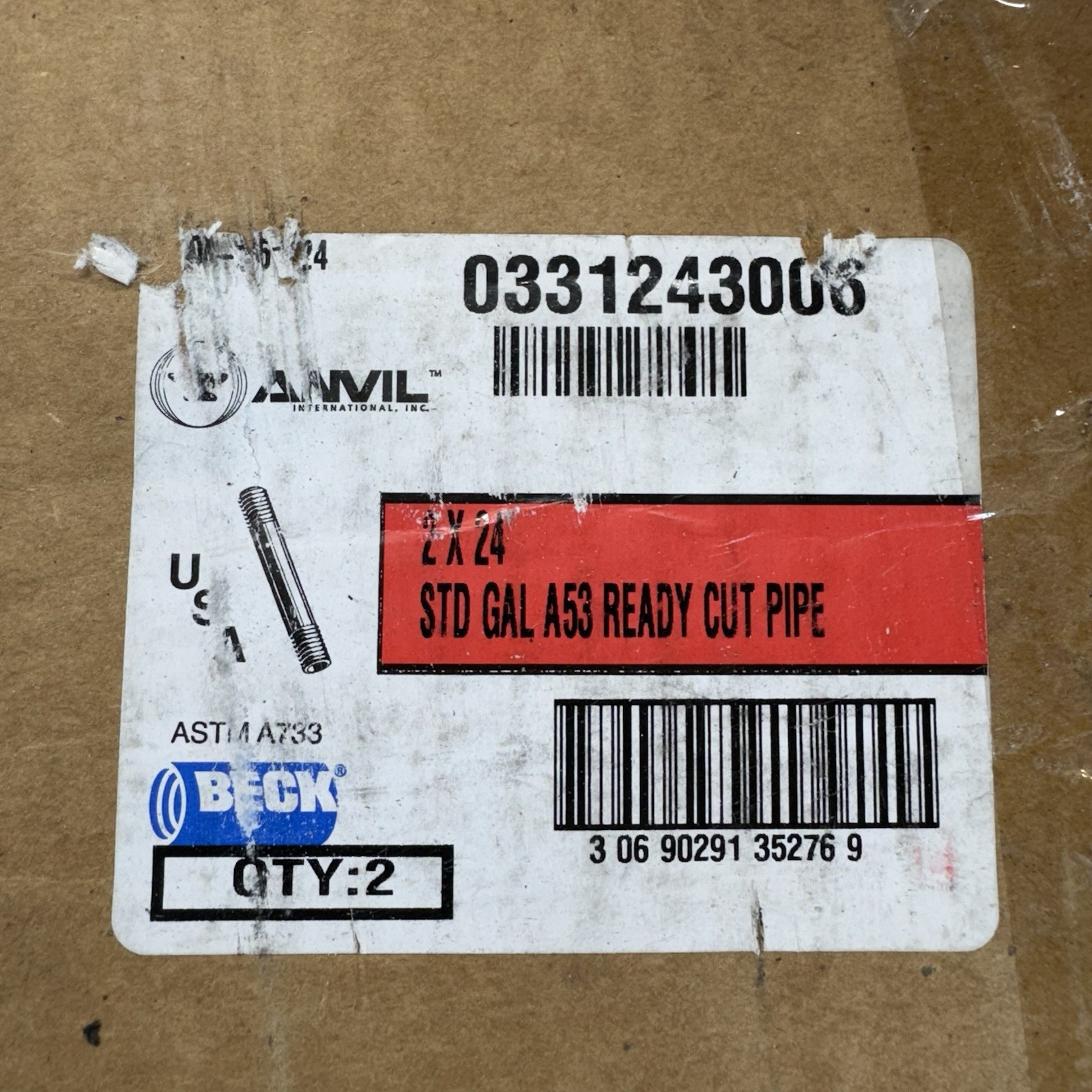 *2Pk* Anvil 2″x24″ STD GAL A53 Ready Cut Pipe Threaded