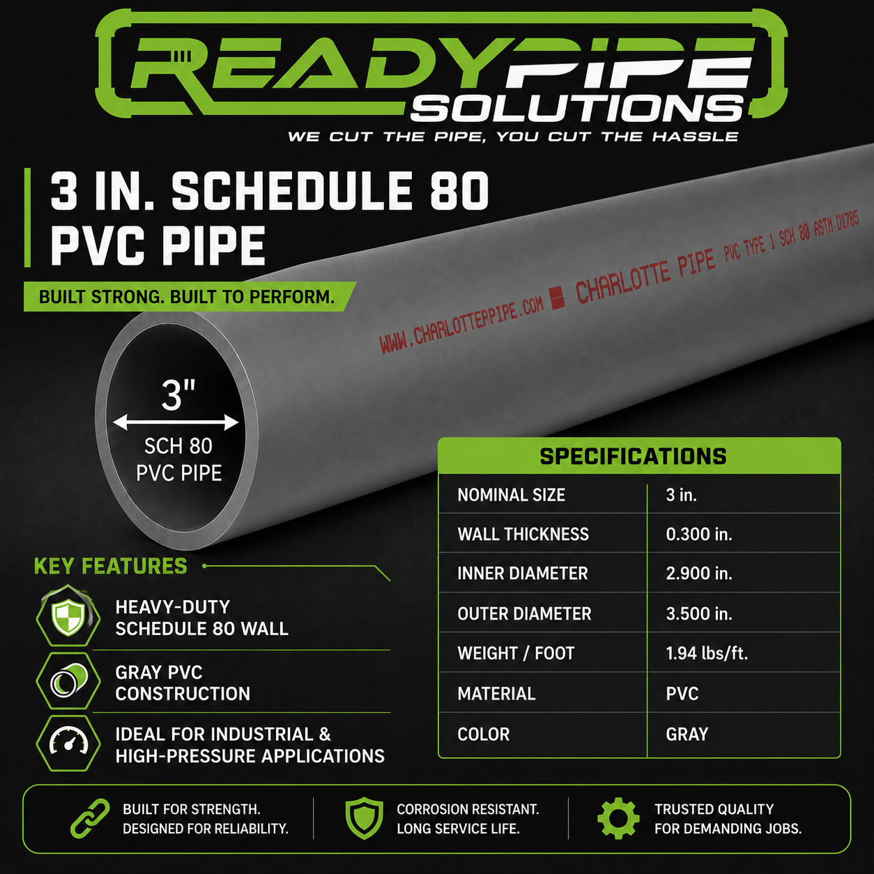 3″ Schedule 80 PVC Pipe | Gray | Custom Cut Lengths 12″-96″ | Pressure Rated