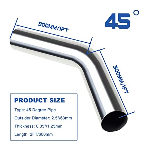 2.5″ OD Stainless Steel Pipe Mandrel Bend 2FT Length, T304 Stainless 45 Degree