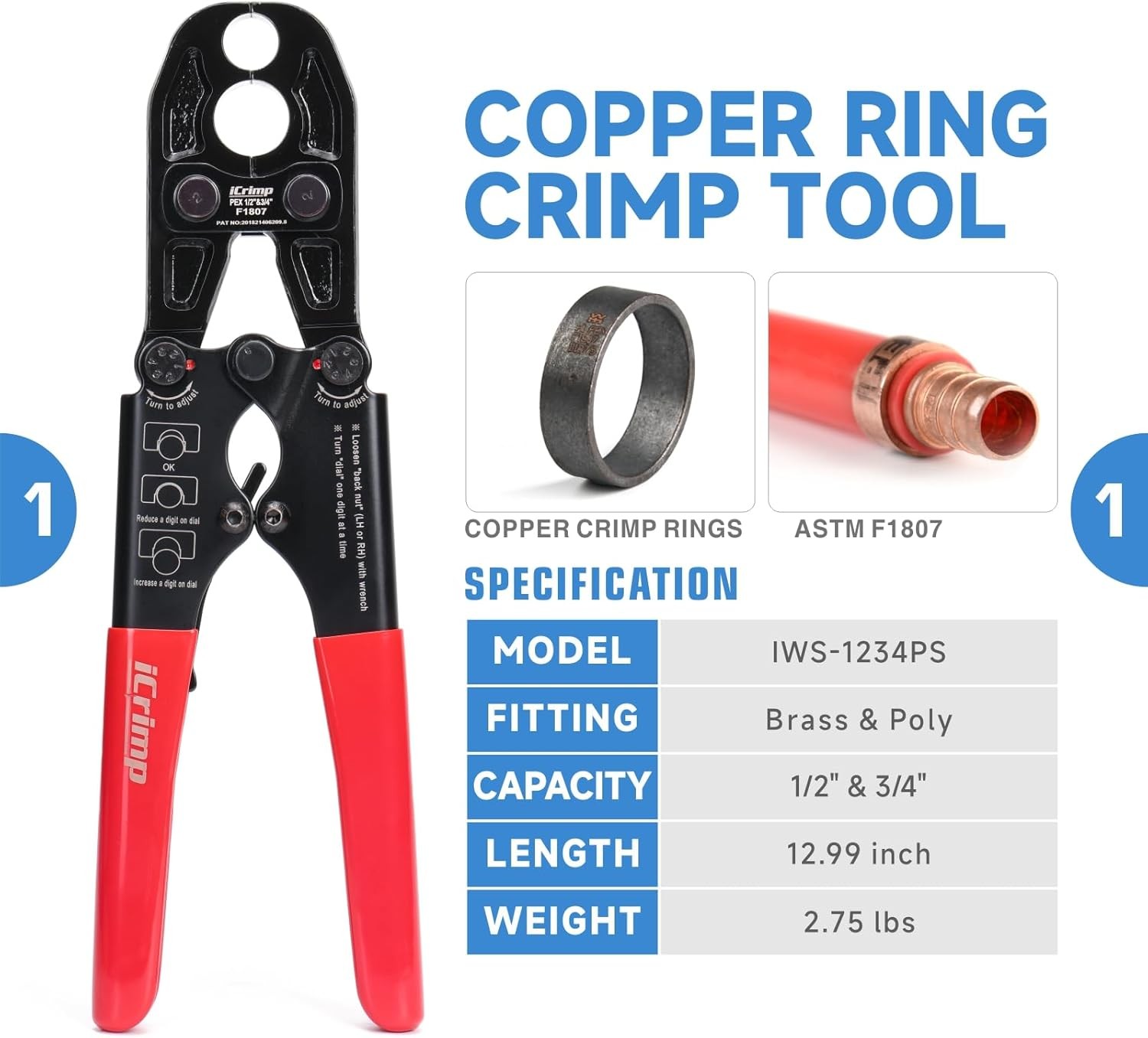 PEX Crimp Tool Kit w/ Cutter & Removal Tool for 1/2″ & 3/4″ PEX Copper Rings