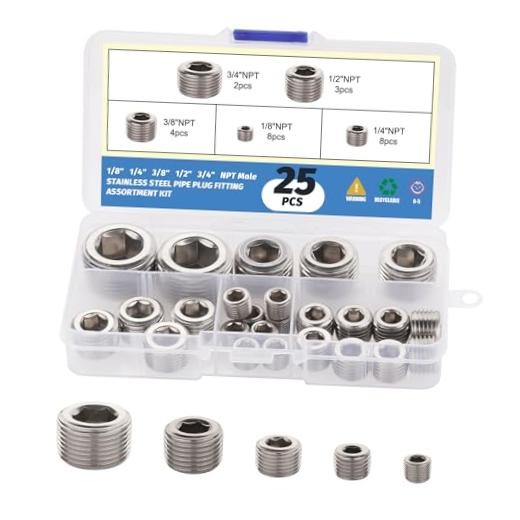 25Pcs 304 Pipe Plug Fittings Kit,5 Sizes | 1/8″ 1/4″ 3/8″ 1/2″ Stainless Steel