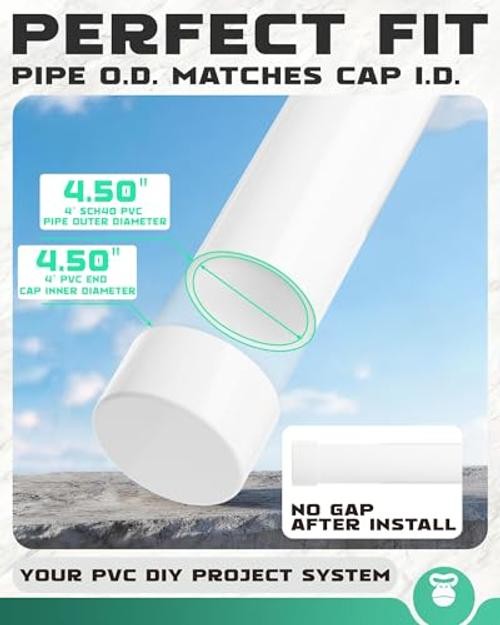 PVC Cap Fits Standard” SCH0 PVC Pipe with.5″ OD, White Furniture Grade 4 Inch 4