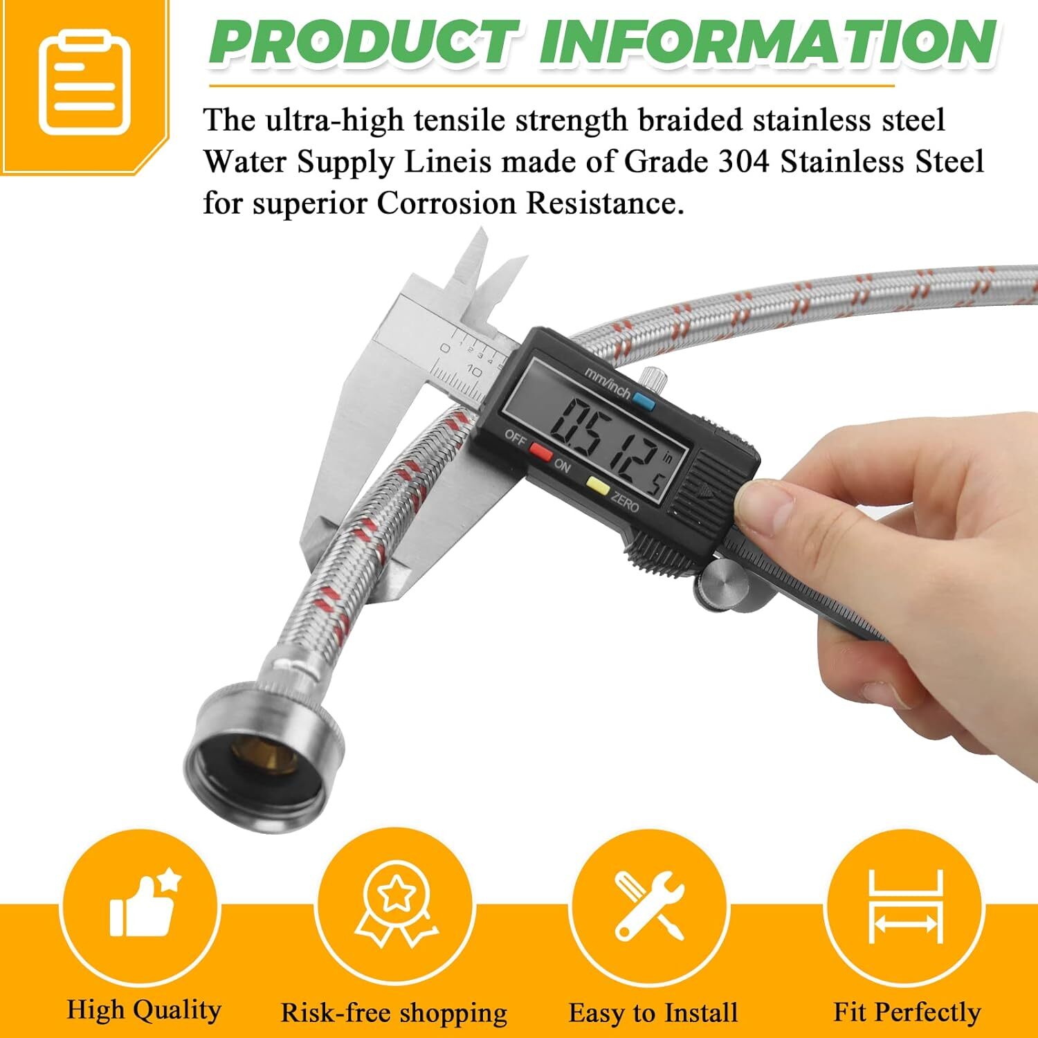 4ft Stainless Steel Washer Hoses 2-Pack – Burst Proof Hot/Cold Water Supply