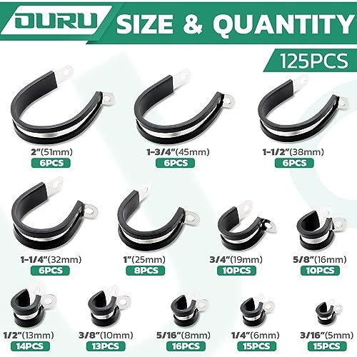 125PCS Cable Clamp,12 Sizes Stainless Steel Rubber Coated 125 PCS – 12 Sizes