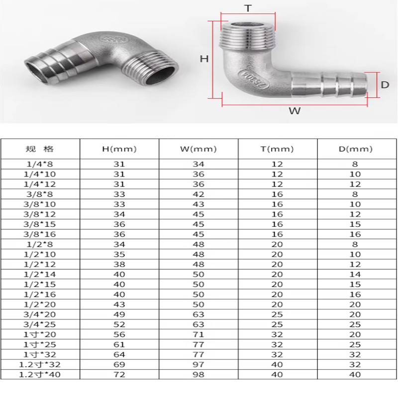 BSP 304 Stainless Steel Hose Tail Elbow 90°Male Thread Barb Connector 1/4″ to 2″