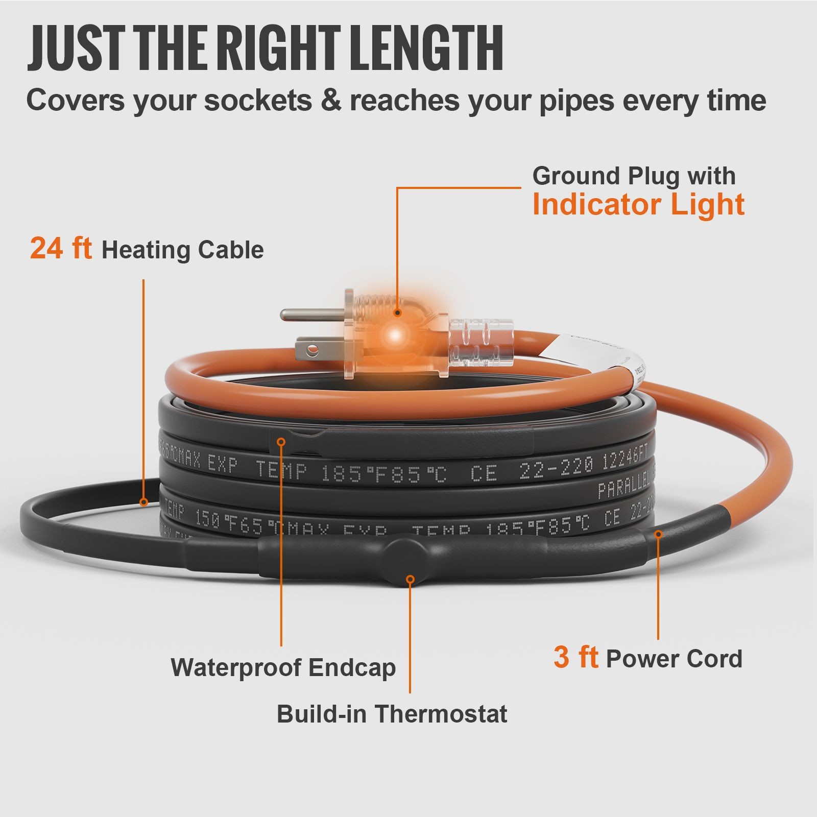 Pipe Heating Cable 24ft 5W/ ft Freeze Protection for PVC Metal Plastic Pipes