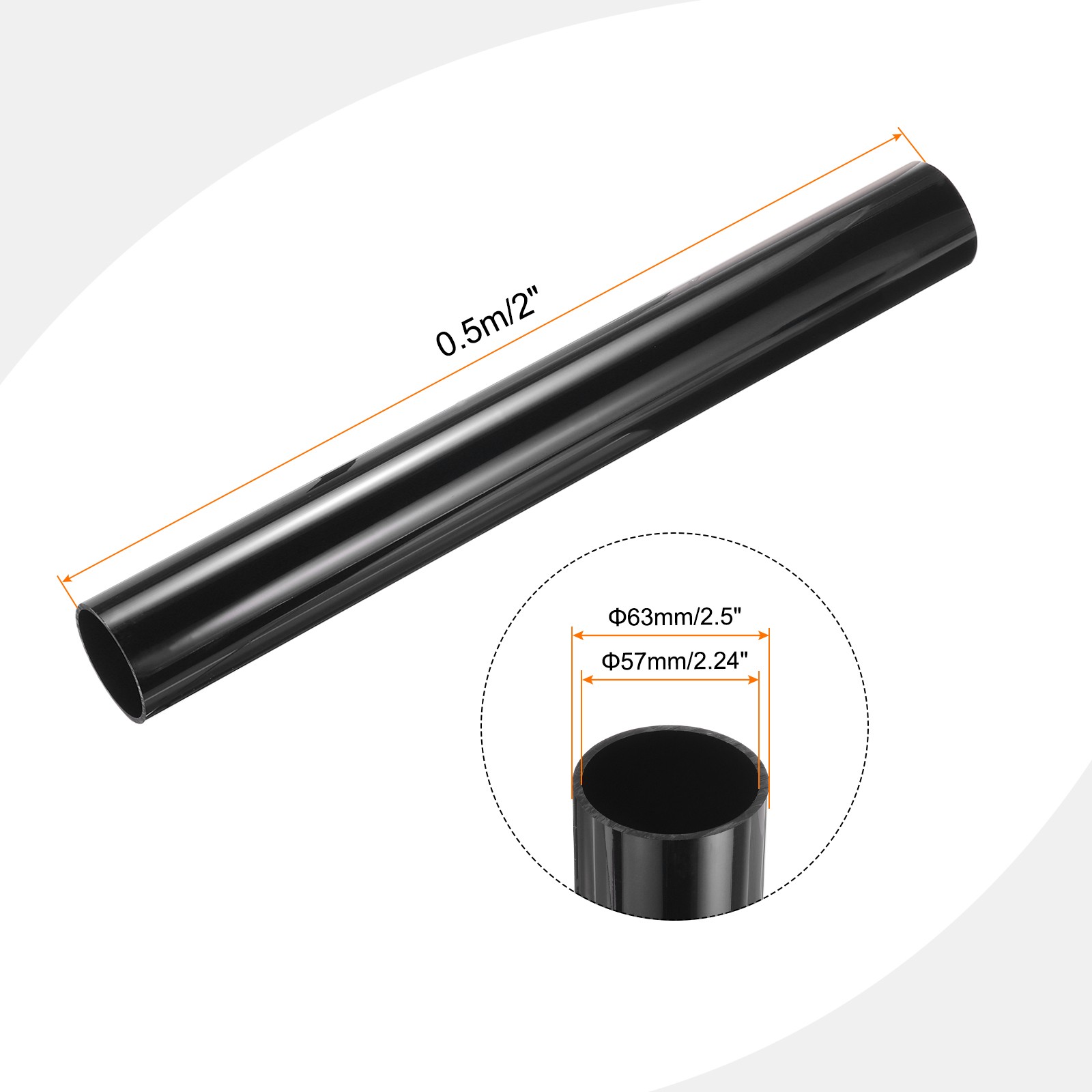 PVC Rigid Round Pipe 57mm ID 63mm OD 500mm Black High Impact