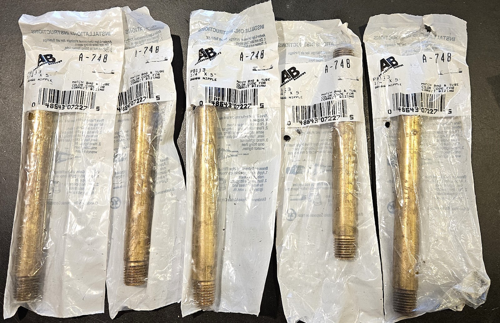 5 ” AB 1/4″ NPT Brass Pipe Nipples Threaded Both Ends Lot of 5