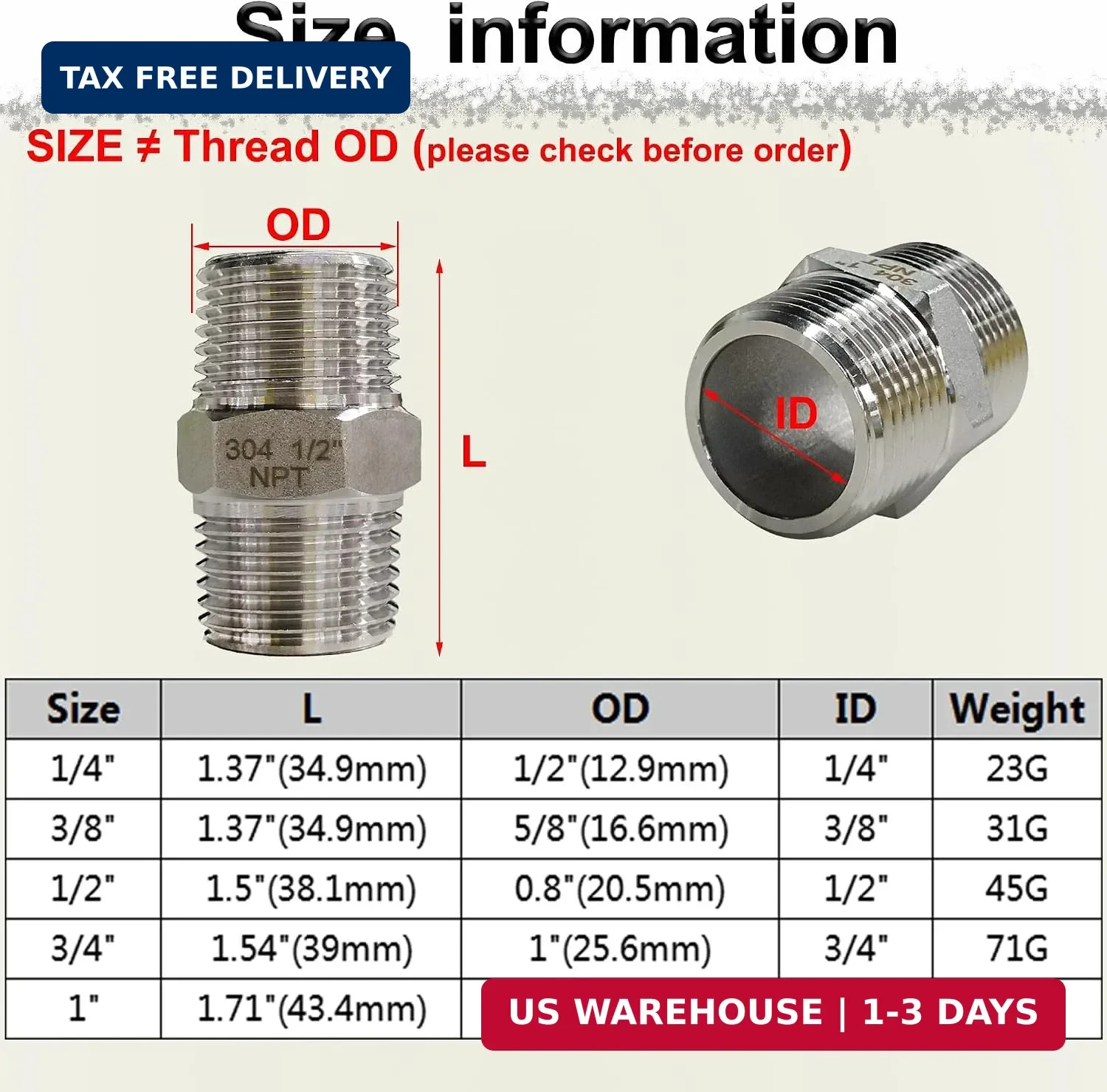 1/4″ NPT Male Hex Nipple Pipe Fittings, 304 Stainless Steel 1/4 inch Threaded Pi