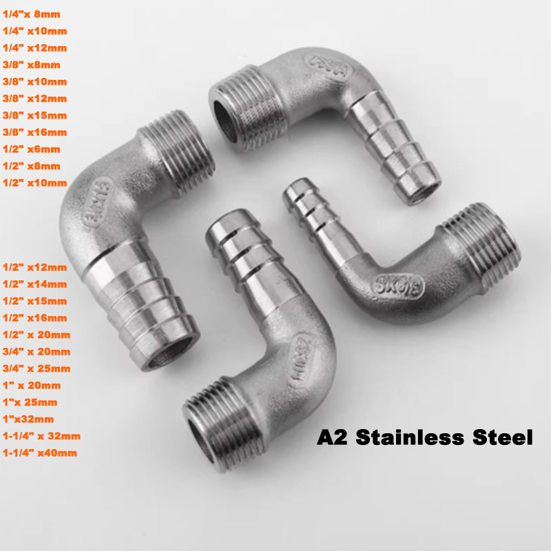 BSP 304 Stainless Steel Hose Tail Elbow 90°Male Thread Barb Connector 1/4″ to 2″