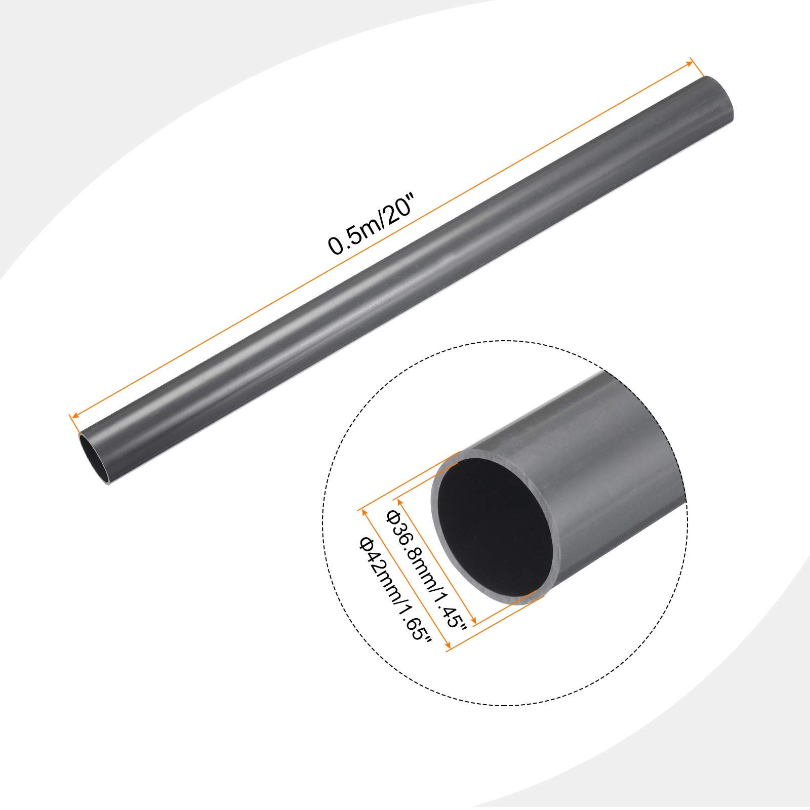 PVC Rigid Round Pipe 36.8mm ID 42mm OD 500mm Light Grey High Impact