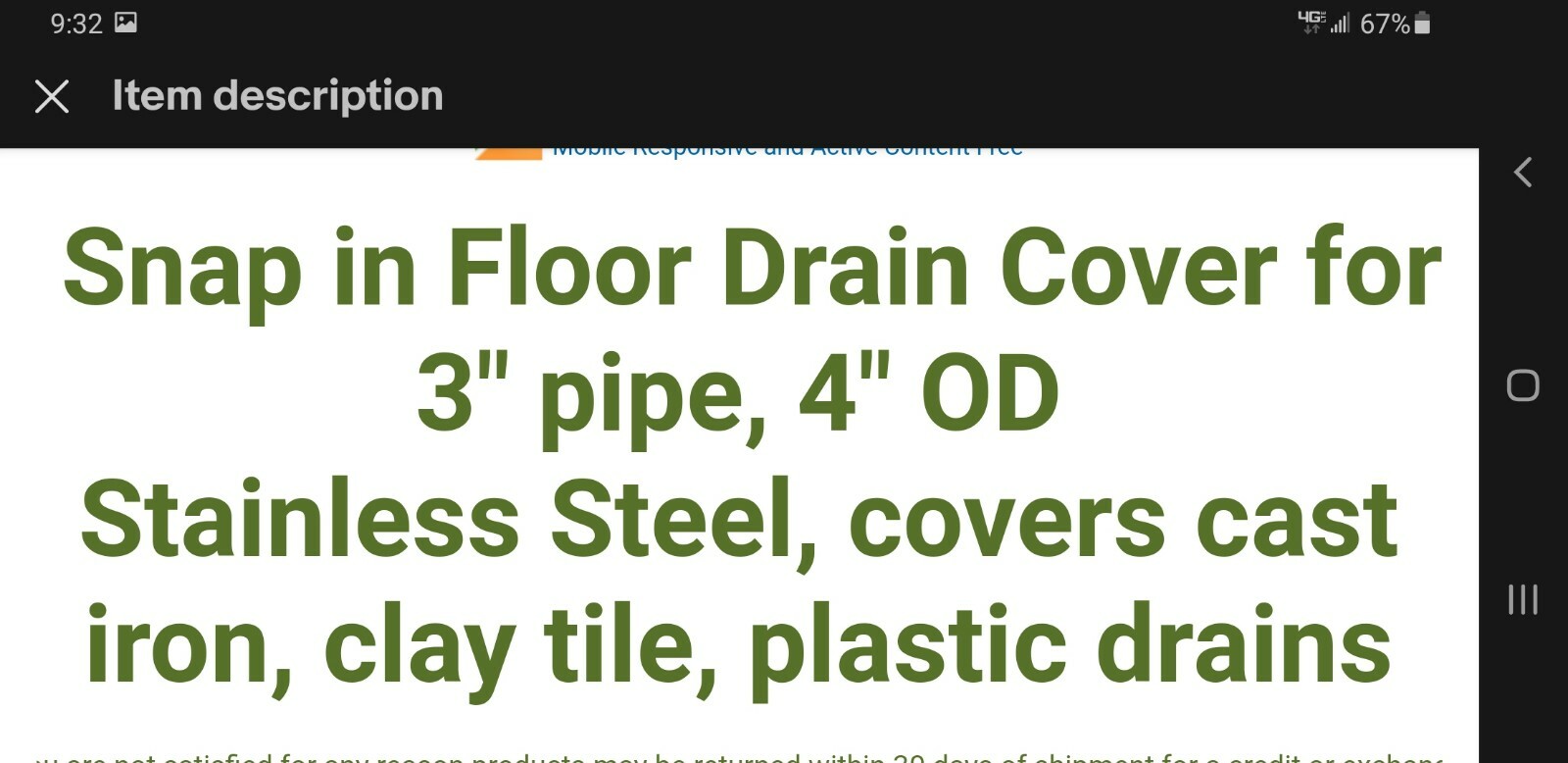 DANCO/HDS SNAP-IN SHOWER FLOOR DRAIN COVER FOR 3″ PIPE, 4″ OD – STAINLESS STEEL