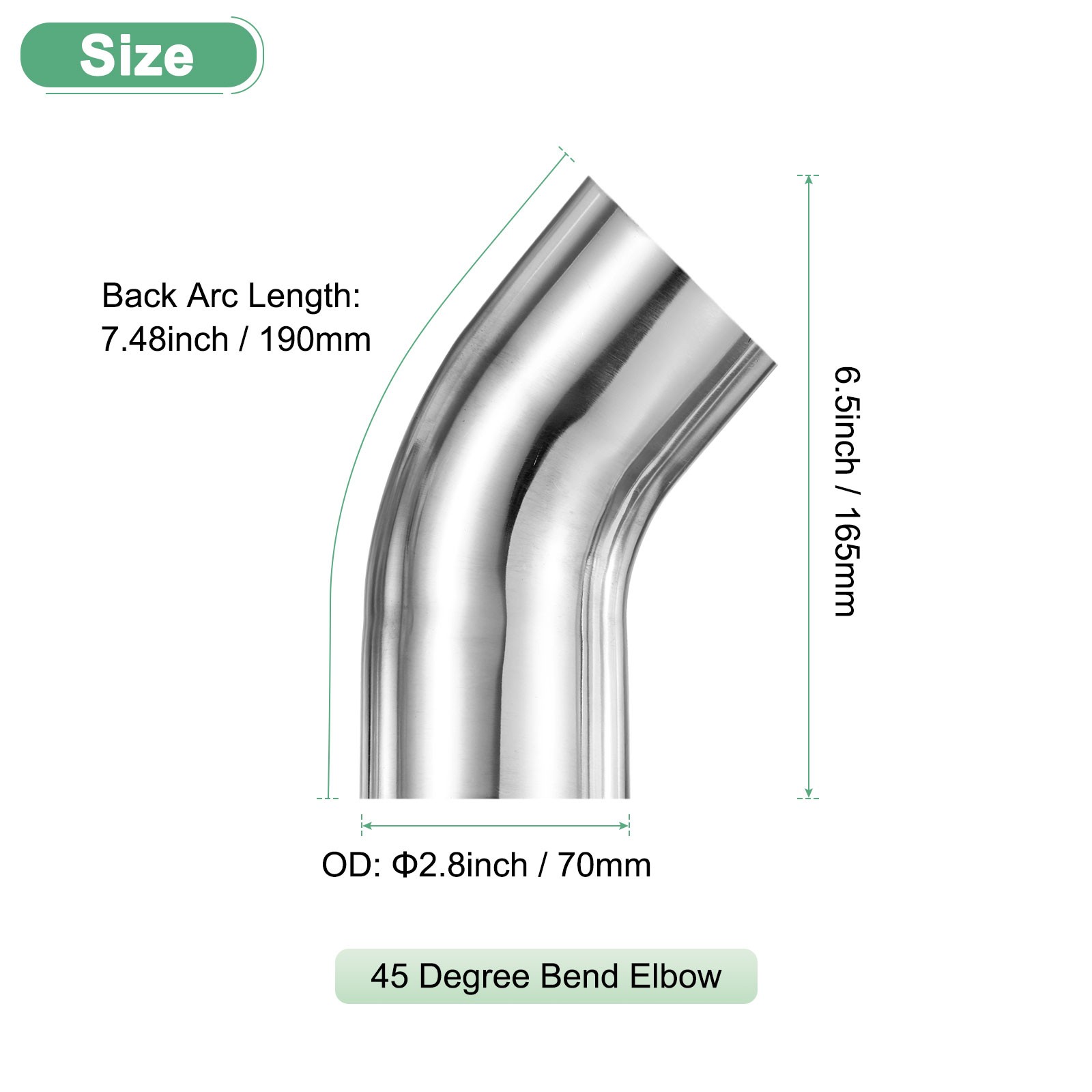 OD 2.8 Inch 45 Degree Mandrel Bend Elbow, Thicken 2 mm Height 165 mm