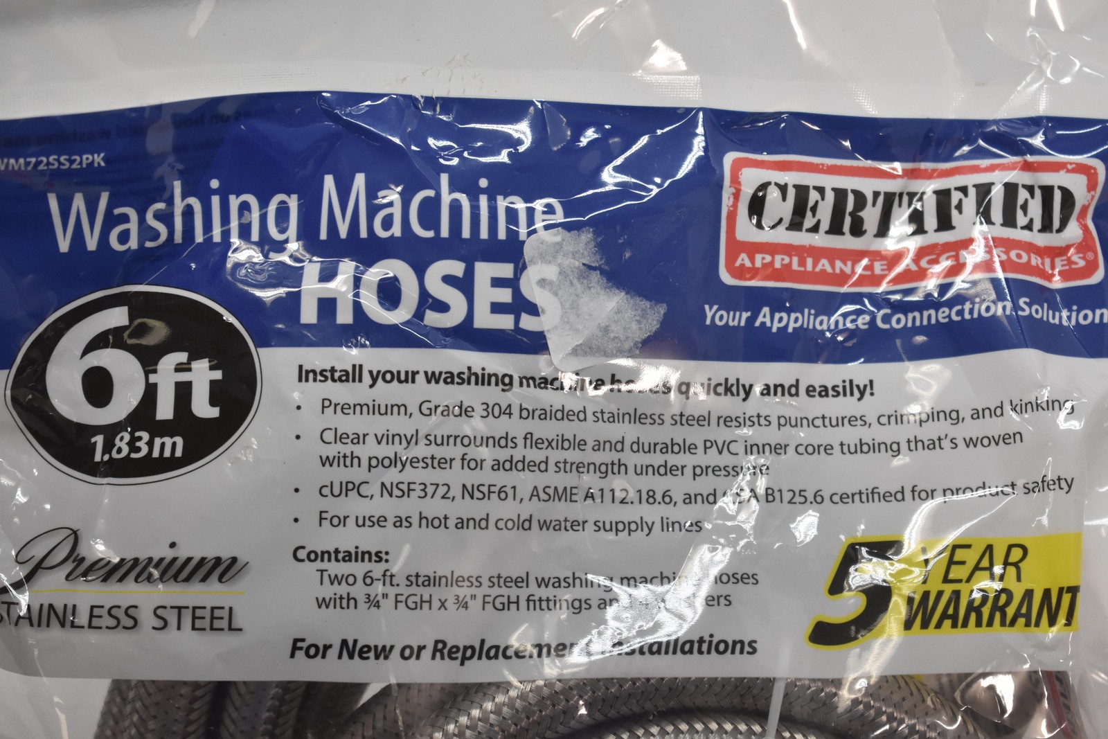 2 Pack Certified Appliance Accessories Washing Machine Hoses 6 Ft Stainless