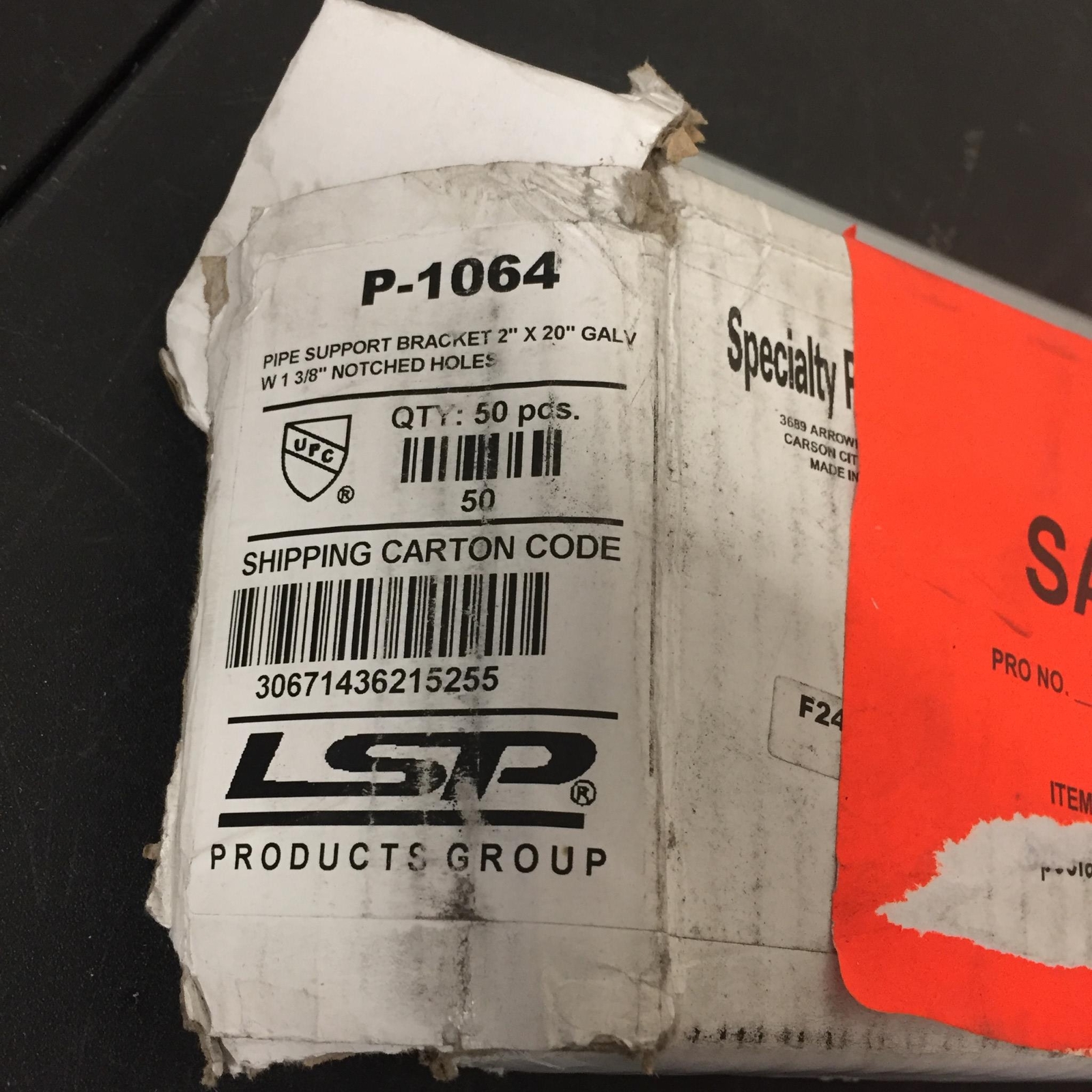 LSP P-1064 2 X 20 Pipe Support Bracket With 1 3/8 Inch Notched Holes 5 Pcs