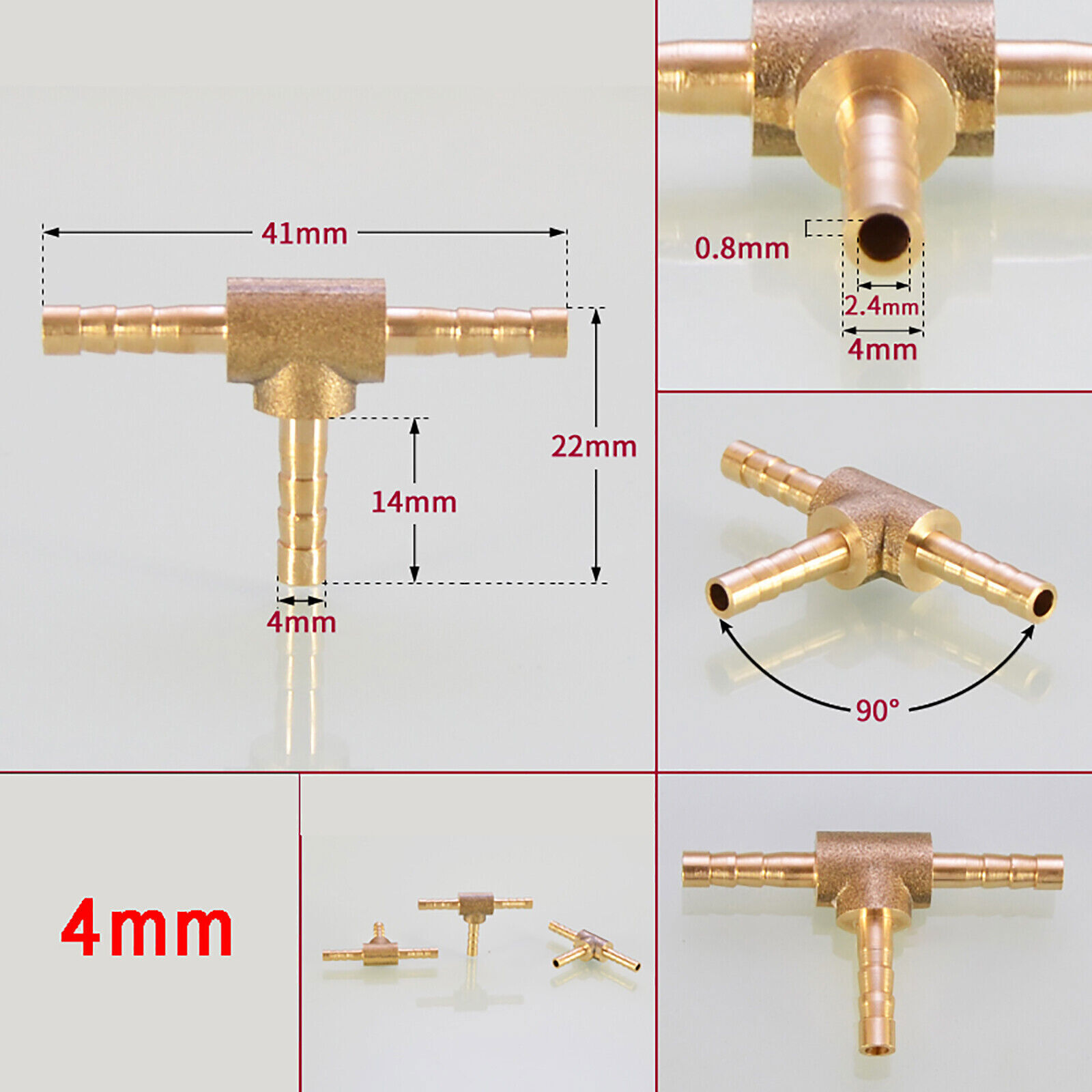 4~25mm Brass Tee Barbed T Piece Hose Joiner 3 Way Connector Air Fuel Water Pipe