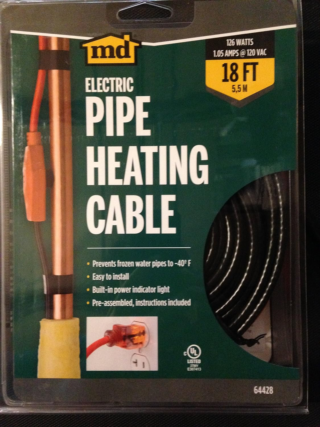 64428 Md Pipe Heating Cable with Thermostat, 18 Ft, Red,