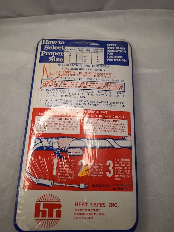 Heat Tapes Inc. Electric Heat Tape Pipe Heat Cable 9 ft pilot light thermostat