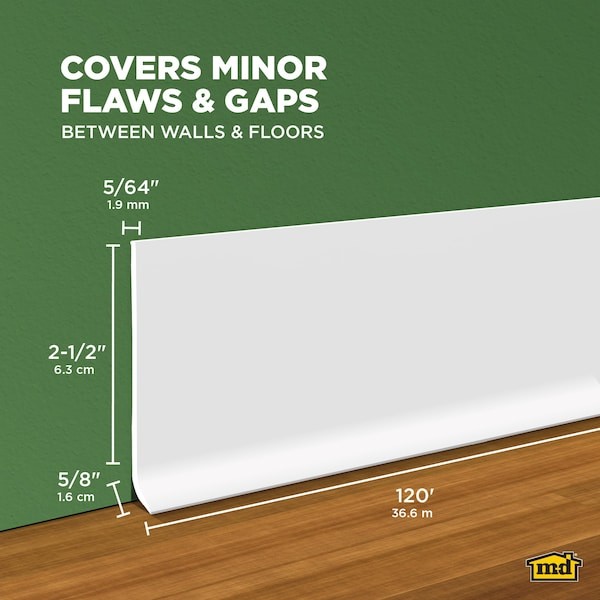 Wall Base Molding, 120 Ft L, White, 820N79