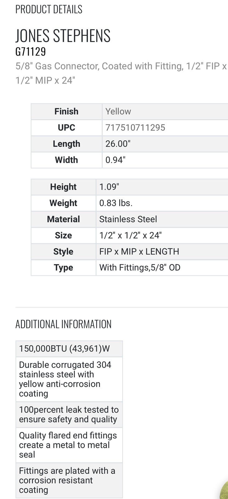 5/8″ Gas Connector, Coated W/ Fitting, 1/2″ FIP x 1/2″ MIP x 24″ Stainless JONES