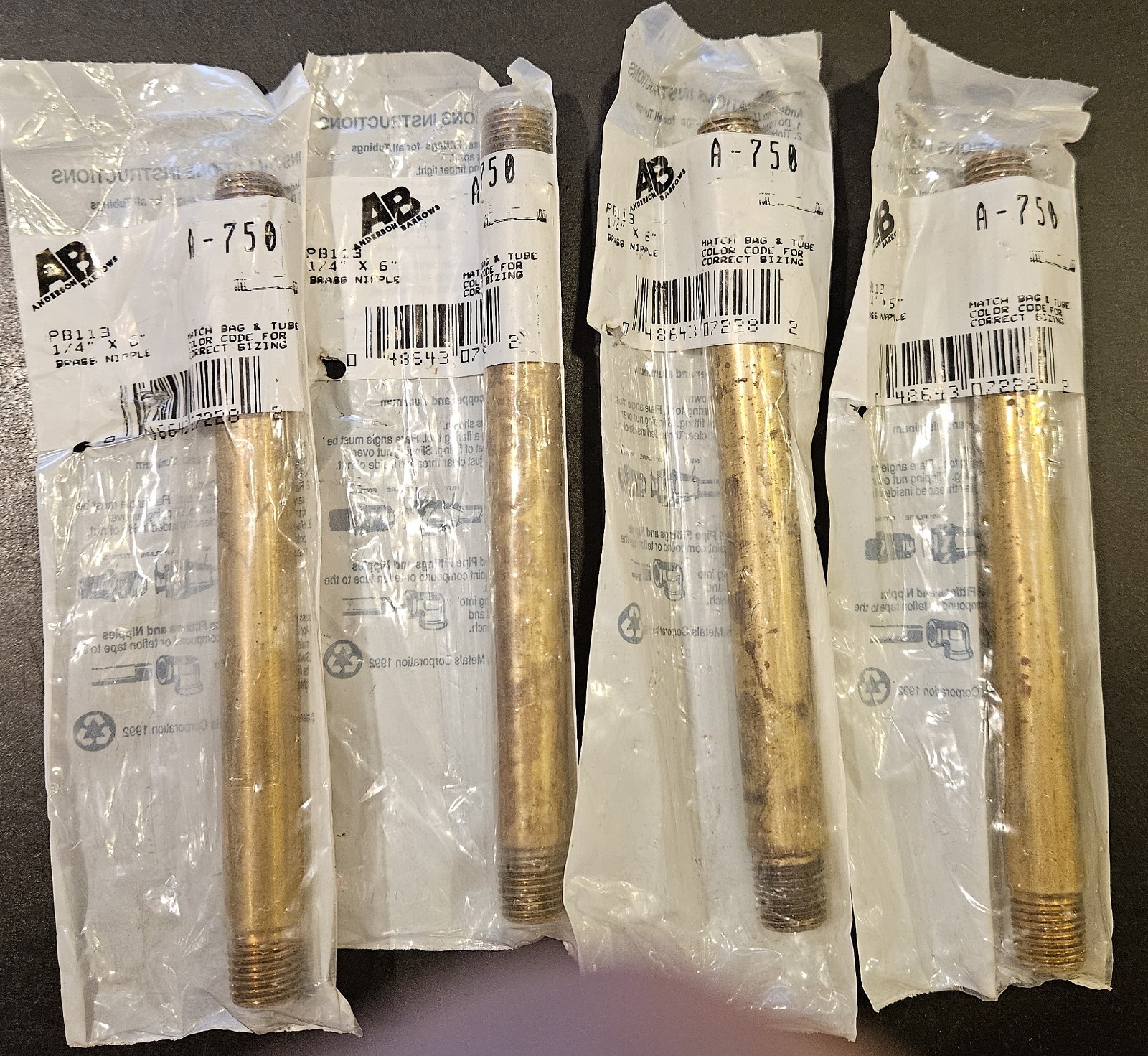 6″ AB 1/4″ NPT Brass Pipe Nipples Threaded Both Ends Lot of 4
