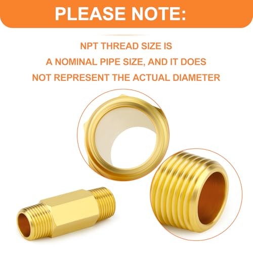 Brass Long Nipple, 3/8 NPT brass nipple, 2″ 3/8″MNPT 2Pcs 2″(50mm)Length