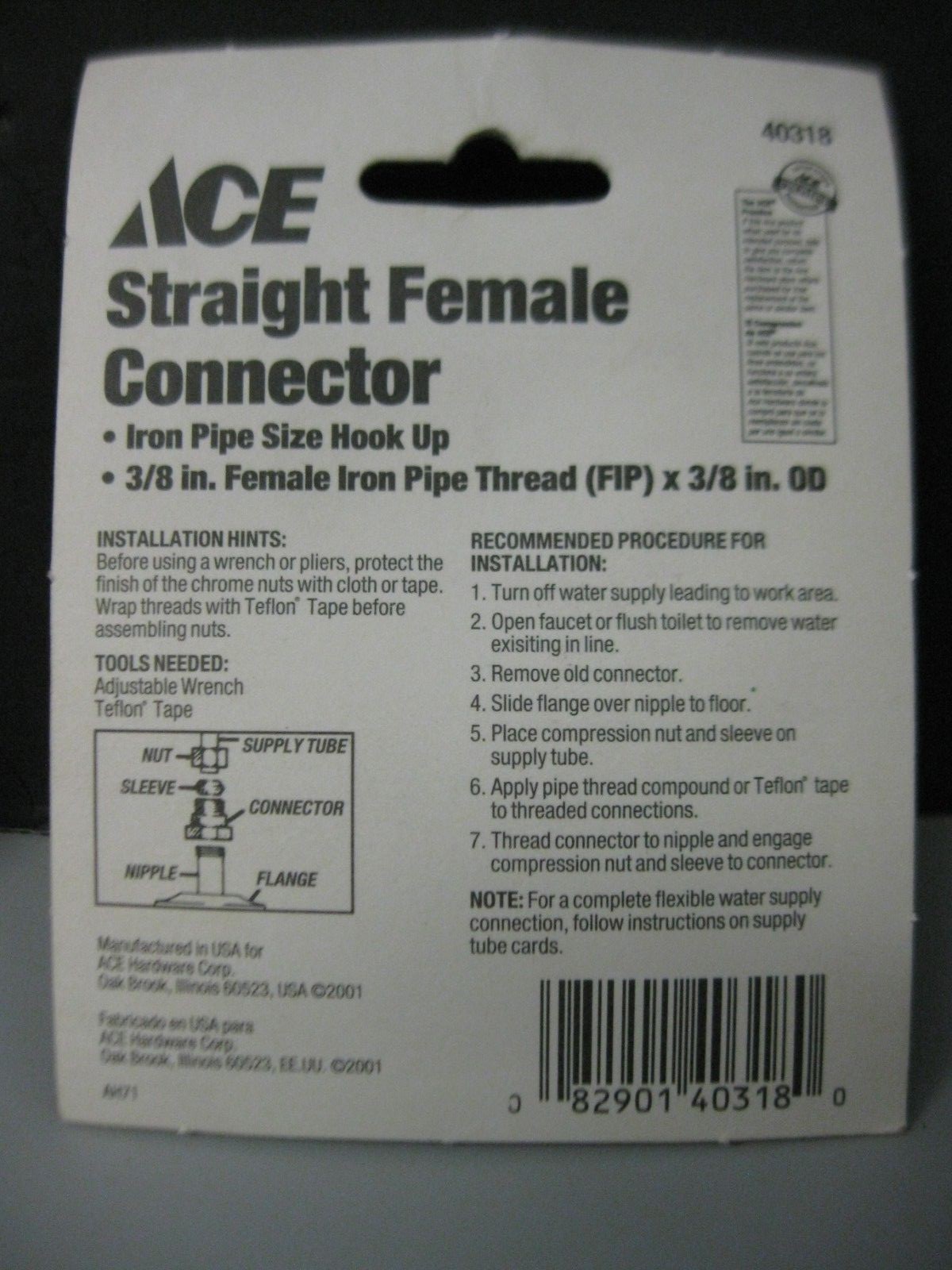 Ace Lot of 5 Straight Female Connector Iron Pipe Size Hook up 3/8 in OD 40318