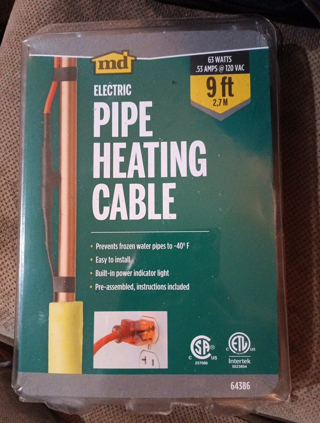 md electric pipe heating cable 63 watts .53 Amps @ 120 VAC