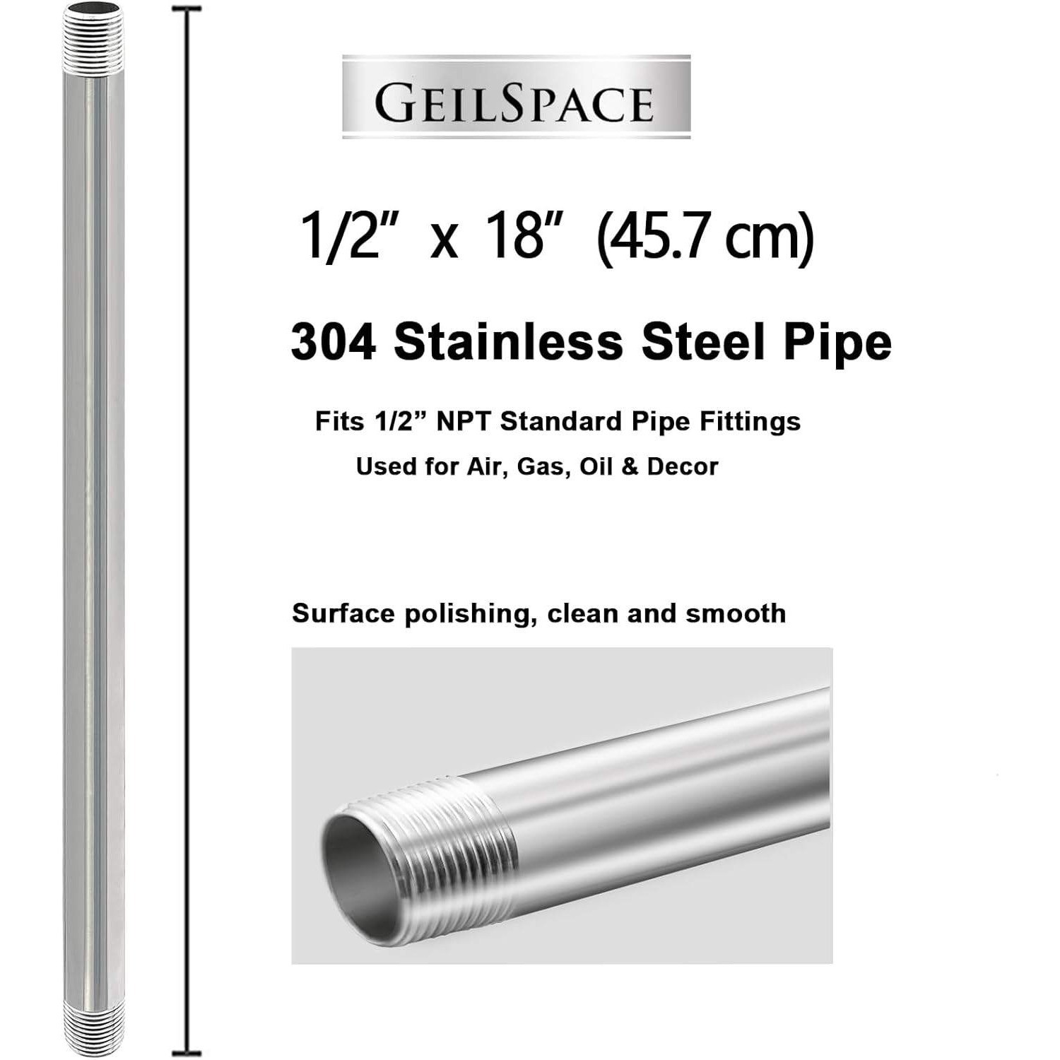 GeiSpace 2 Pack 1/2″ Stainless Steel Pipe 18 Inch Threaded Ends Silver New