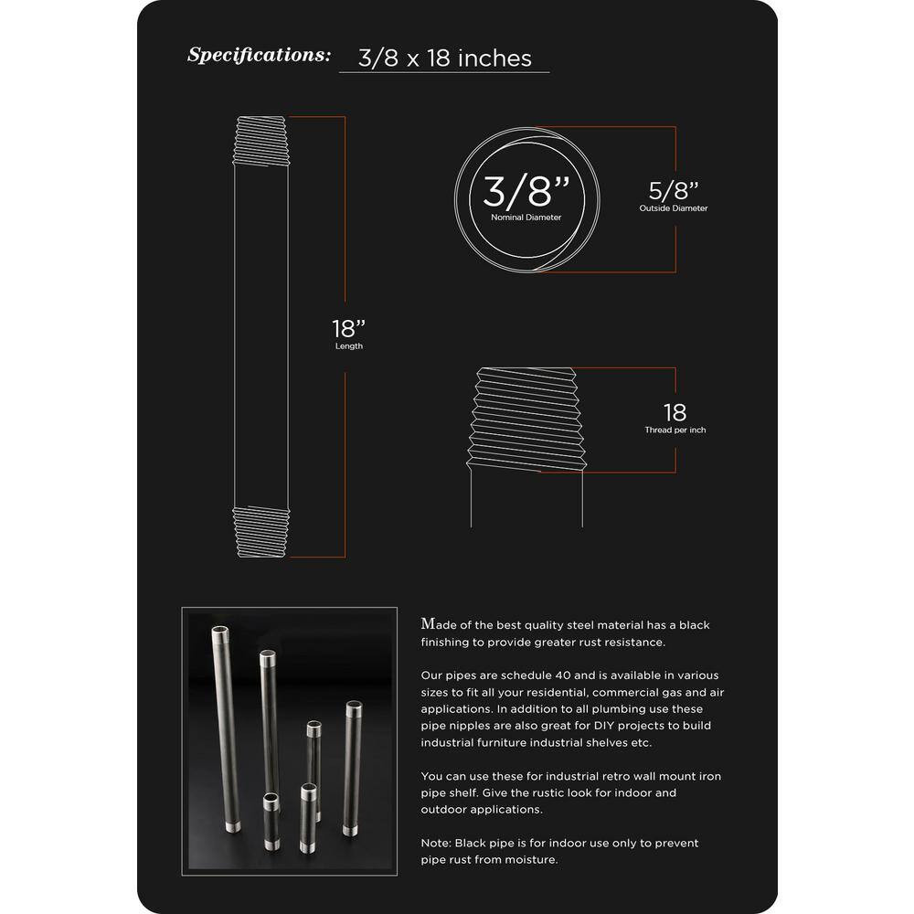 3/8 In. X 1.5 Ft. Steel Pipe in Black (5-Pack) Free Shipping New