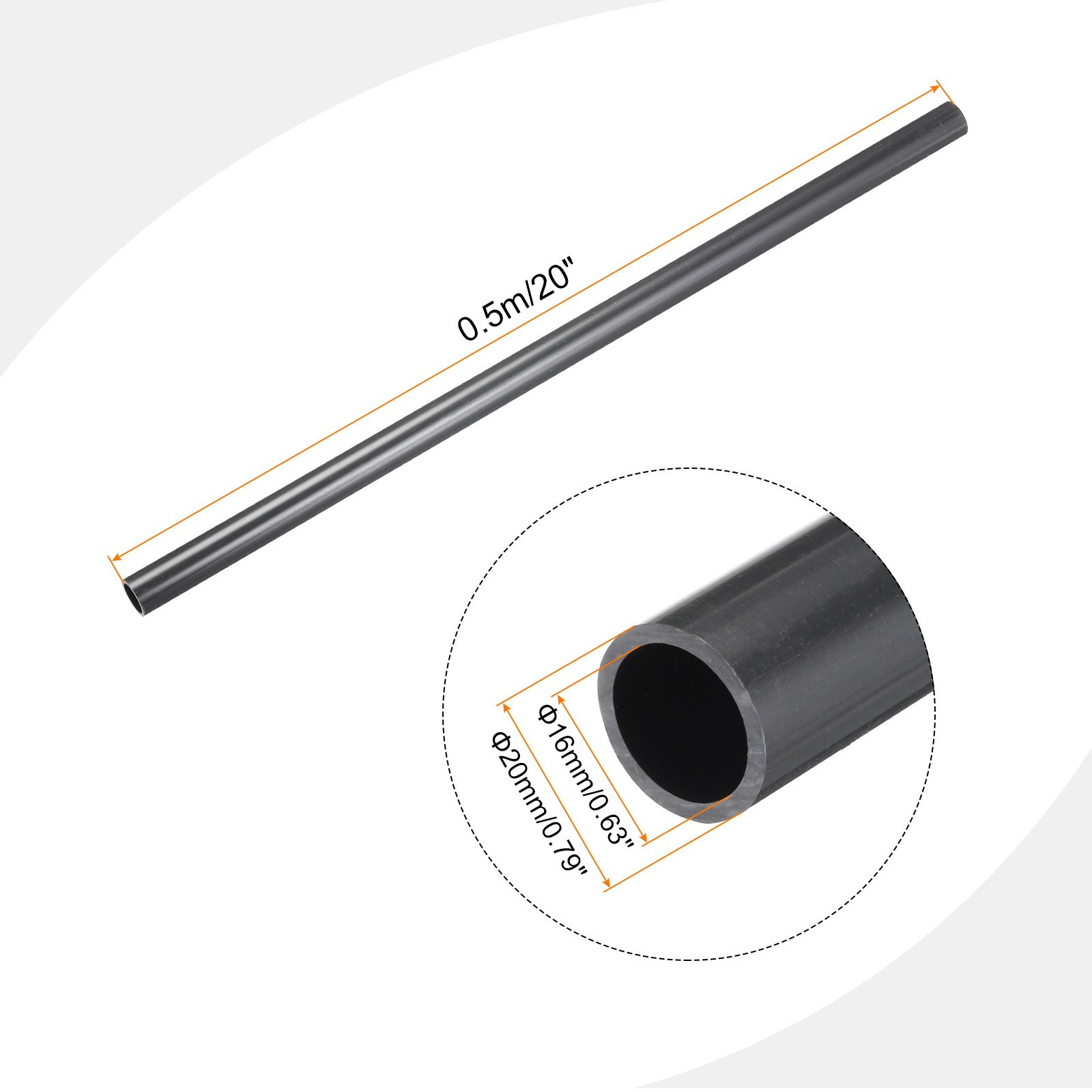 PVC Rigid Round Pipe 16mm ID 20mm OD 500mm Dark Grey High Impact