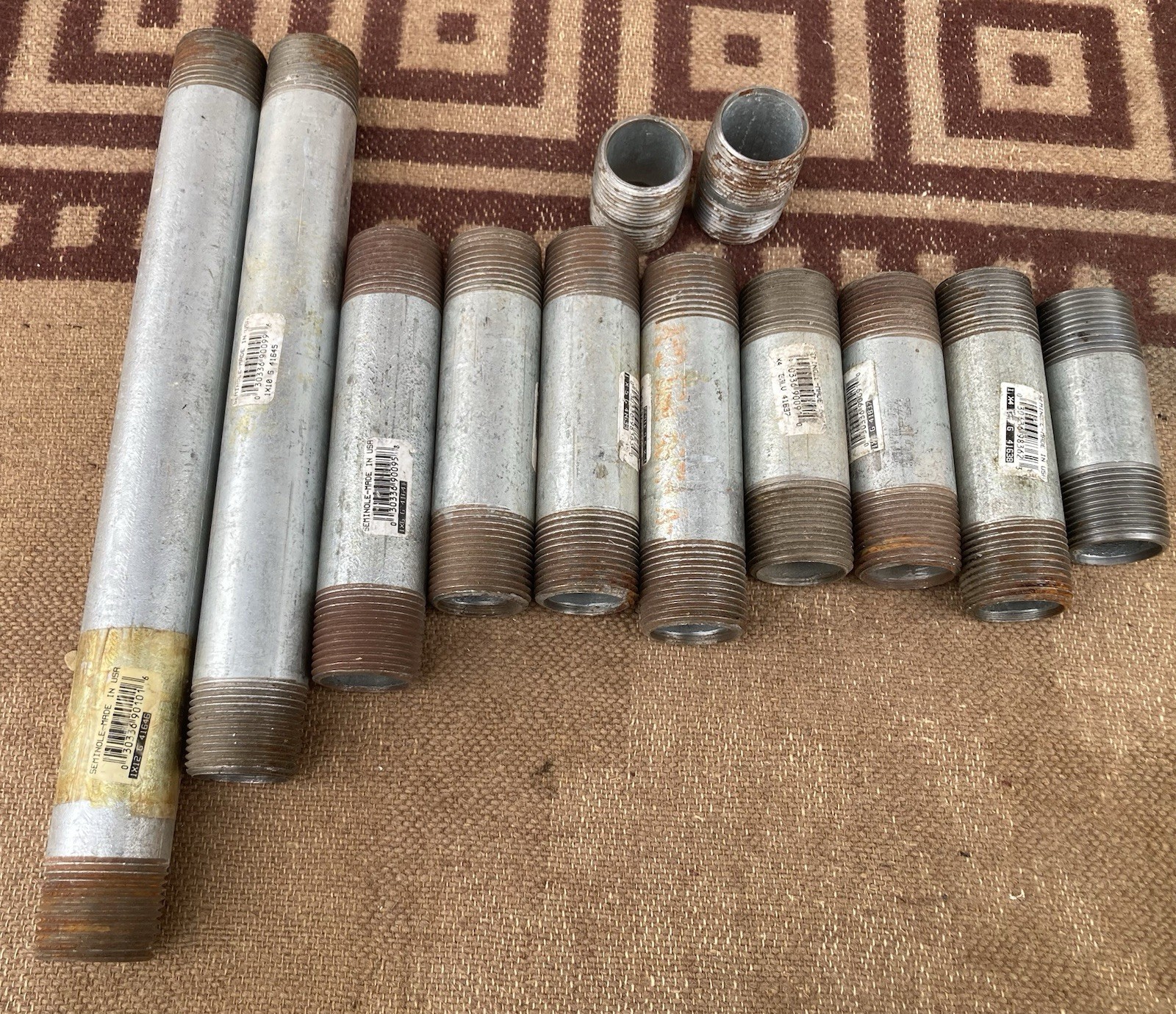 12pc Lot 1” Galvanized Pipe Nipples 12” 10” 6” 4” 2” All USA Except 2” Is China