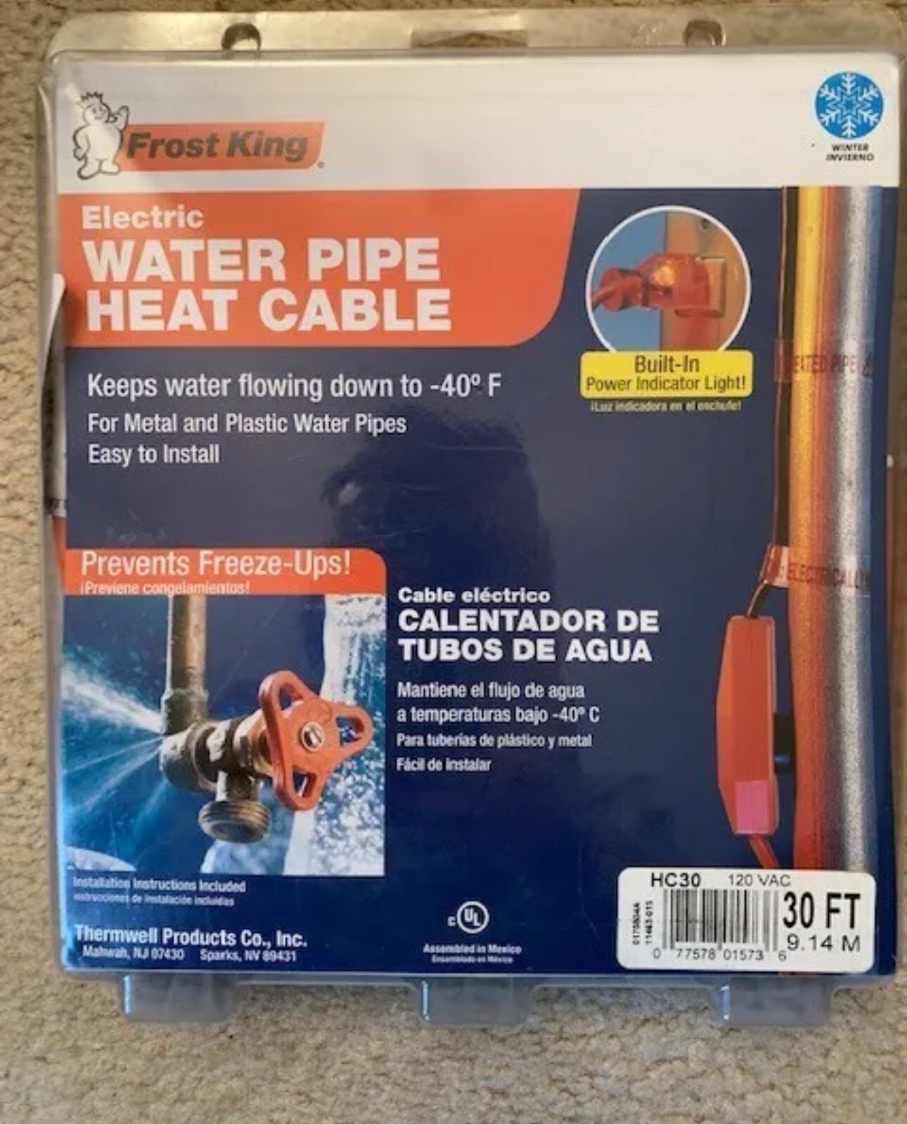 Frost King Electric Water Pipe Heat Cable HC30 Plastic or Metal, Thermwell
