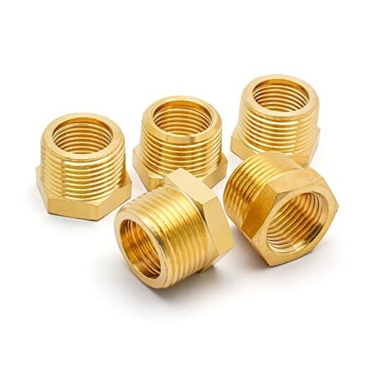 5Pcs Brass Reducer Hex Bushing Thread Reducer 1/4″ NPT Male to 1/8″ NPT Female