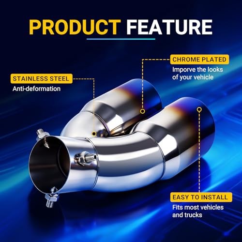 Dual Exhaust Tips with 2.5 inch Inlet 3 inch Outlet, Bent Stainless Blue-Bent