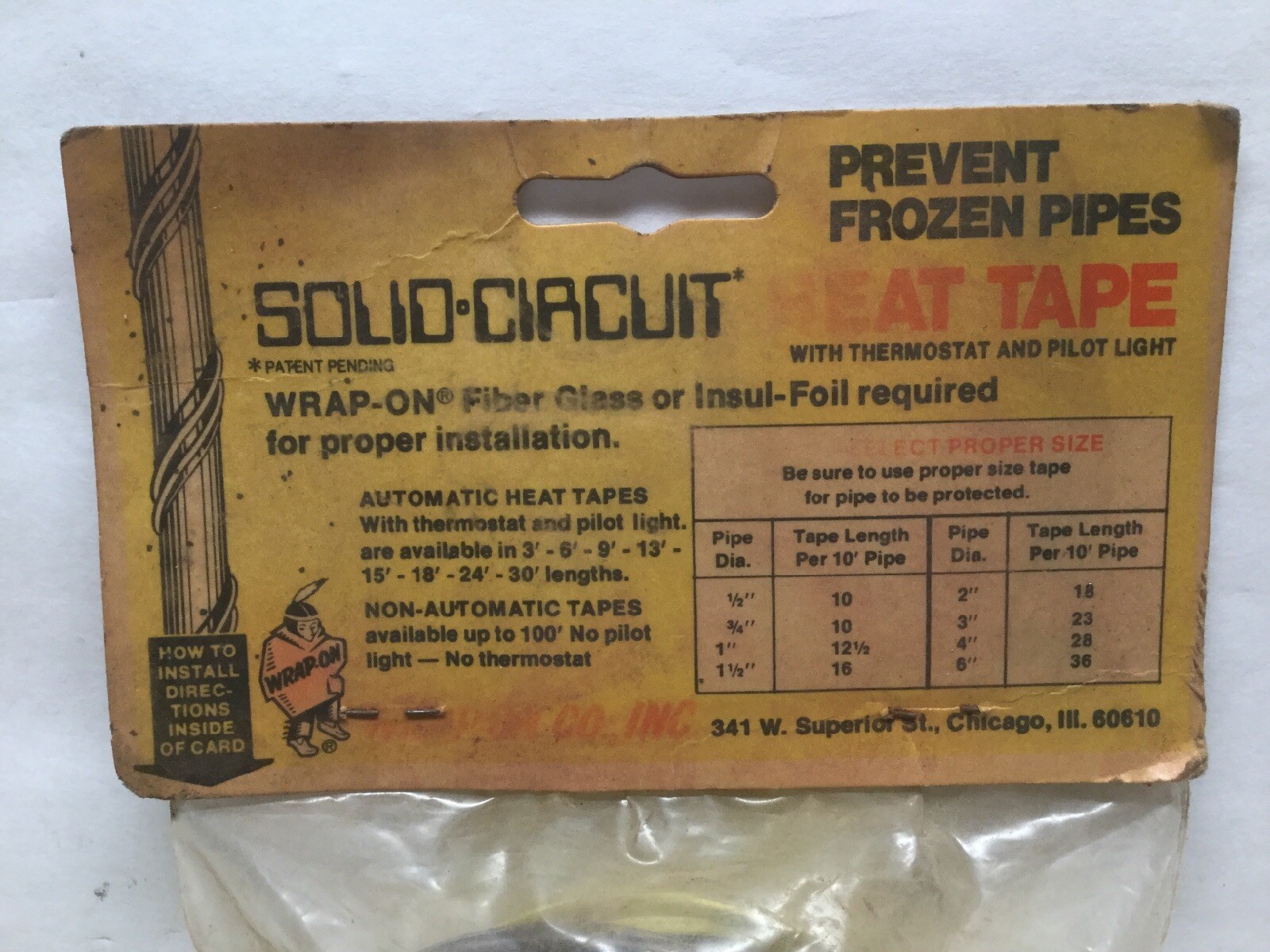 WRAP-ON 11013 – T13TP Solid Circuit Heat Tape Length 13’ 120V 65W, W/ Thermostat