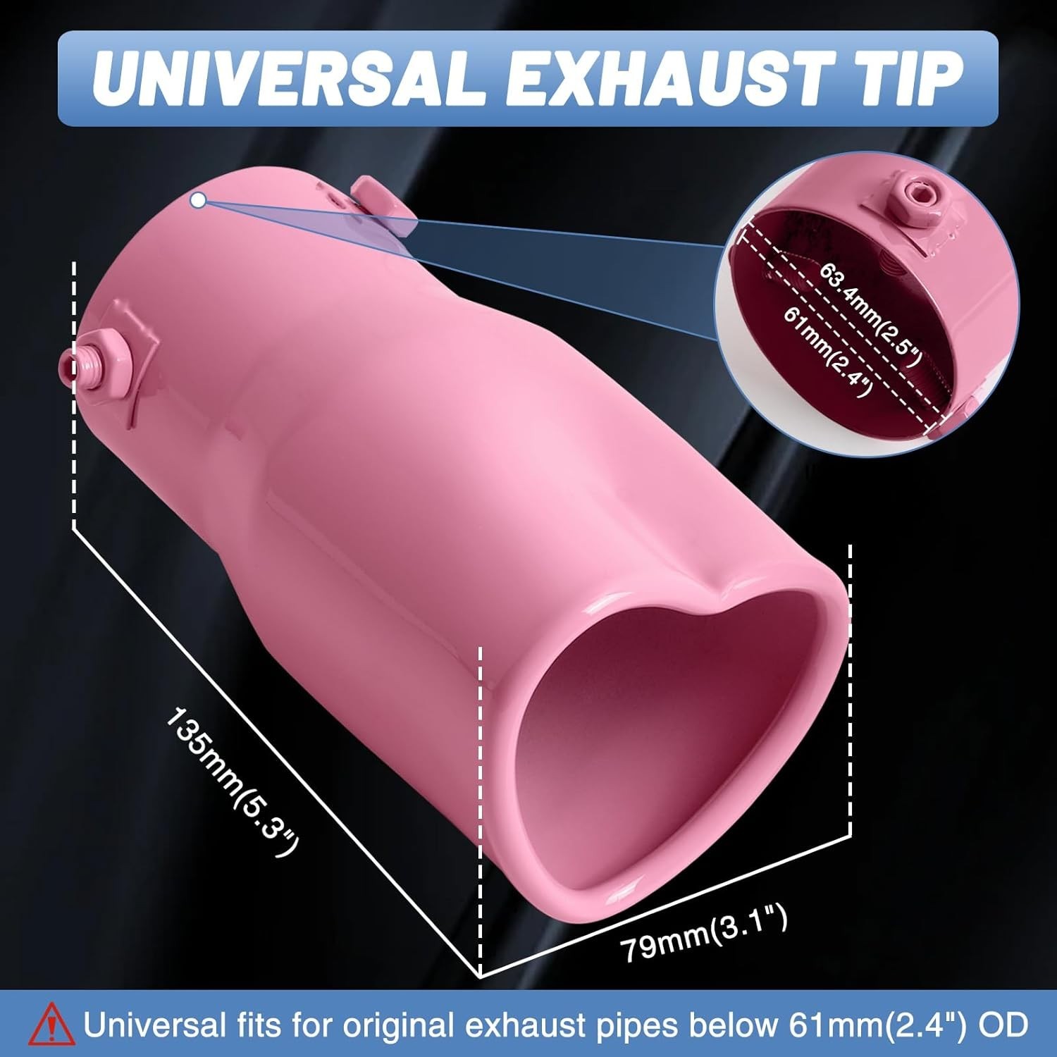 Heart Exhaust Tip 2.4″ ID/ 2.5″ OD, Adjustable Stainless Single Pipe- Pink