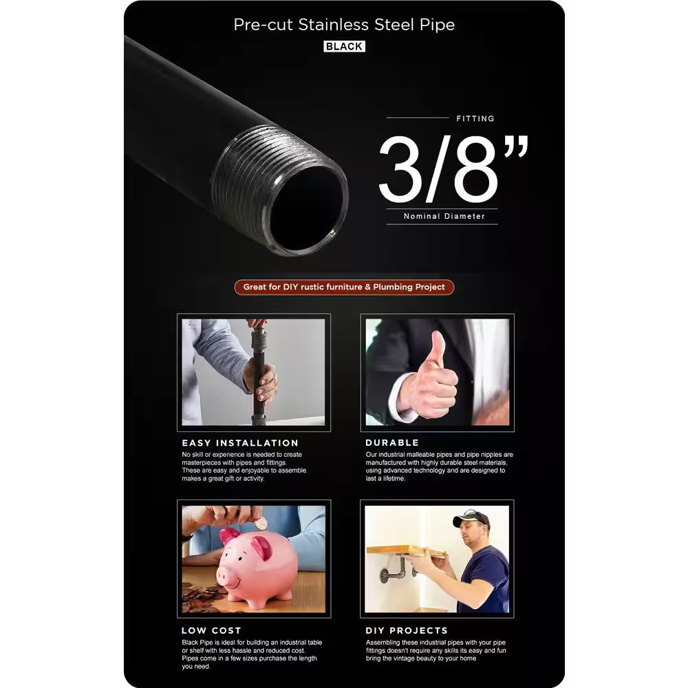 3/8 In. X 1.5 Ft. Steel Pipe in Black (5-Pack) Free Shipping New