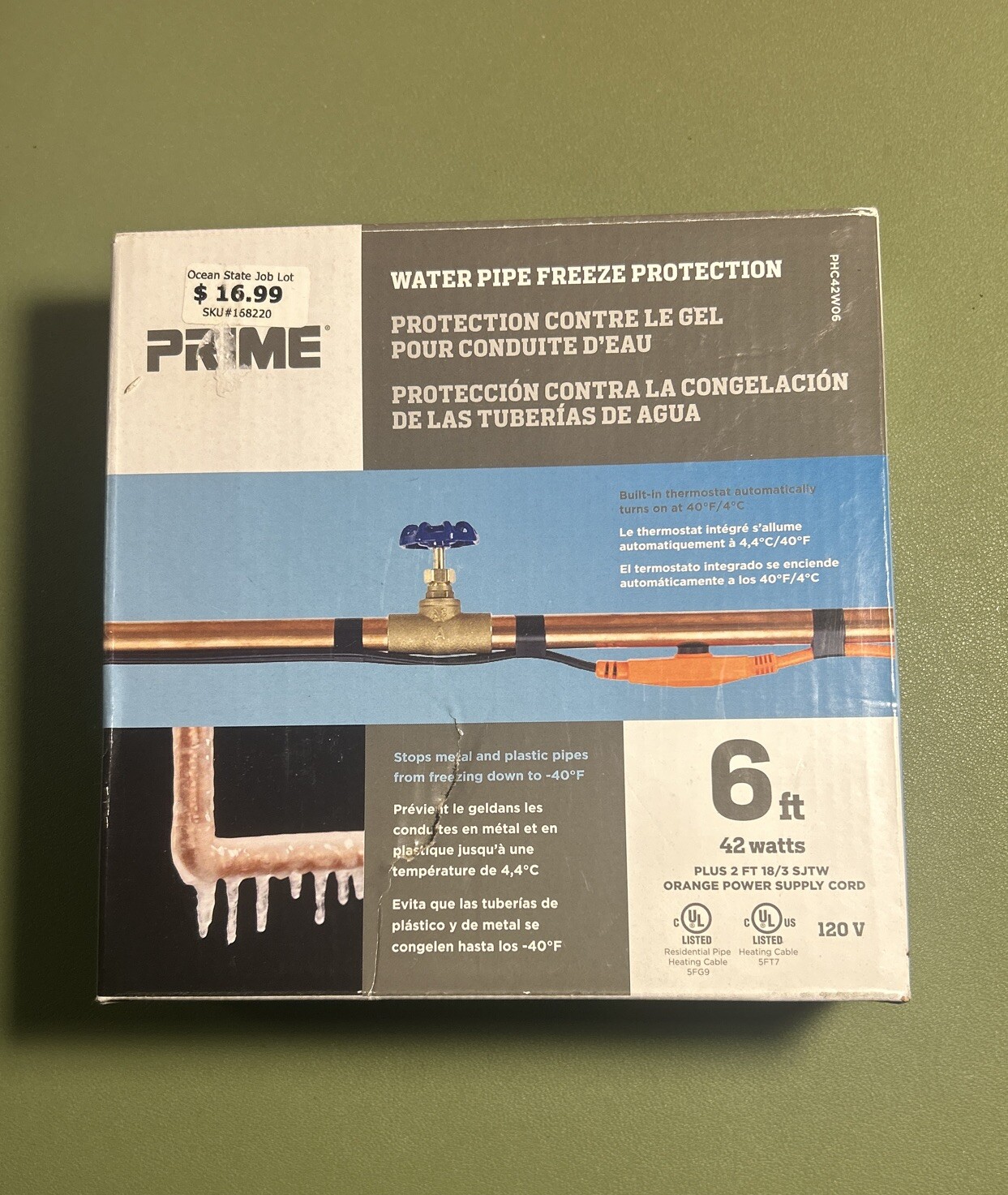 PRIME WATER PIPE FREEZE PROTECTION 6 FOOT 42 WATTS 120V Metal Plastic. New.