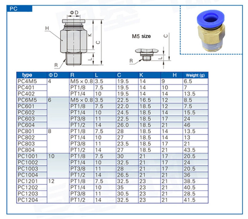 Pneumatic Straight Male Stud Hose Tube Air Line Inline Push Fit Connector M5-M16